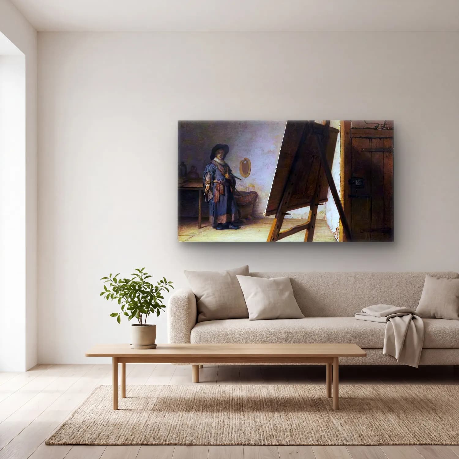 Rembrandt Harmenszoon van Rijn – The Artist in his Studio cam tablo — açık renk salonda