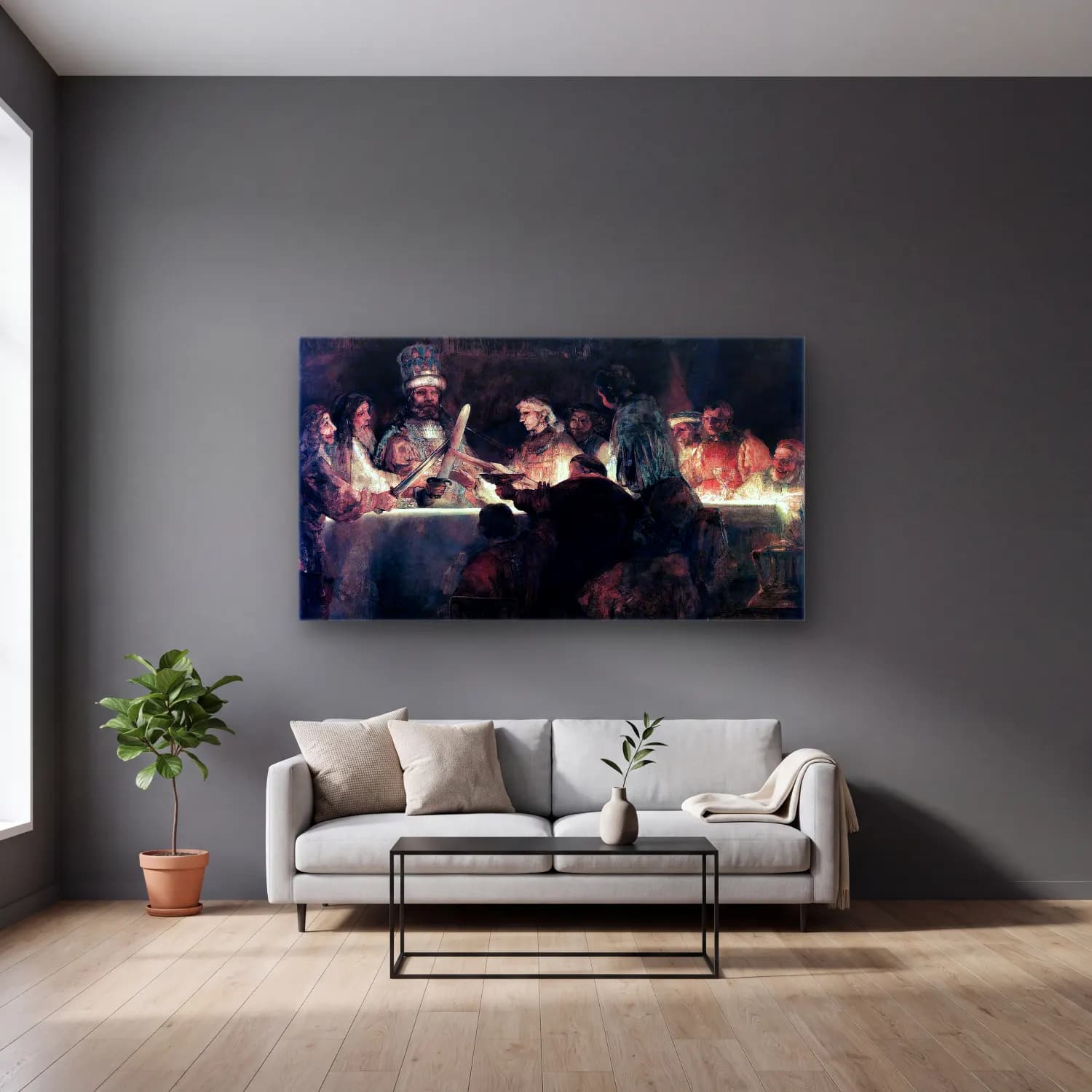 Rembrandt Harmenszoon van Rijn – The Conspiration of the Bataves cam tablo — gri duvarlı salonda