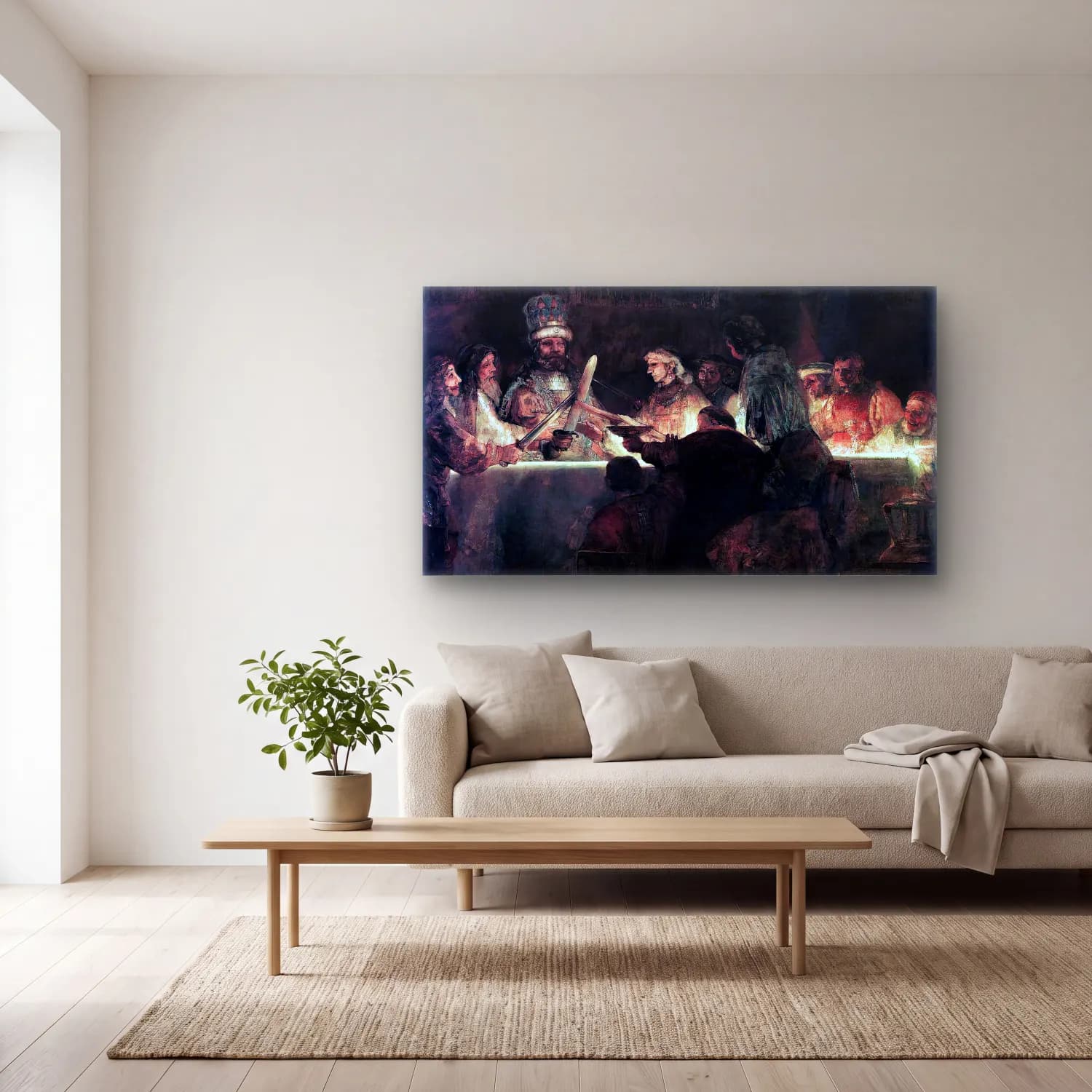 Rembrandt Harmenszoon van Rijn – The Conspiration of the Bataves cam tablo — açık renk salonda