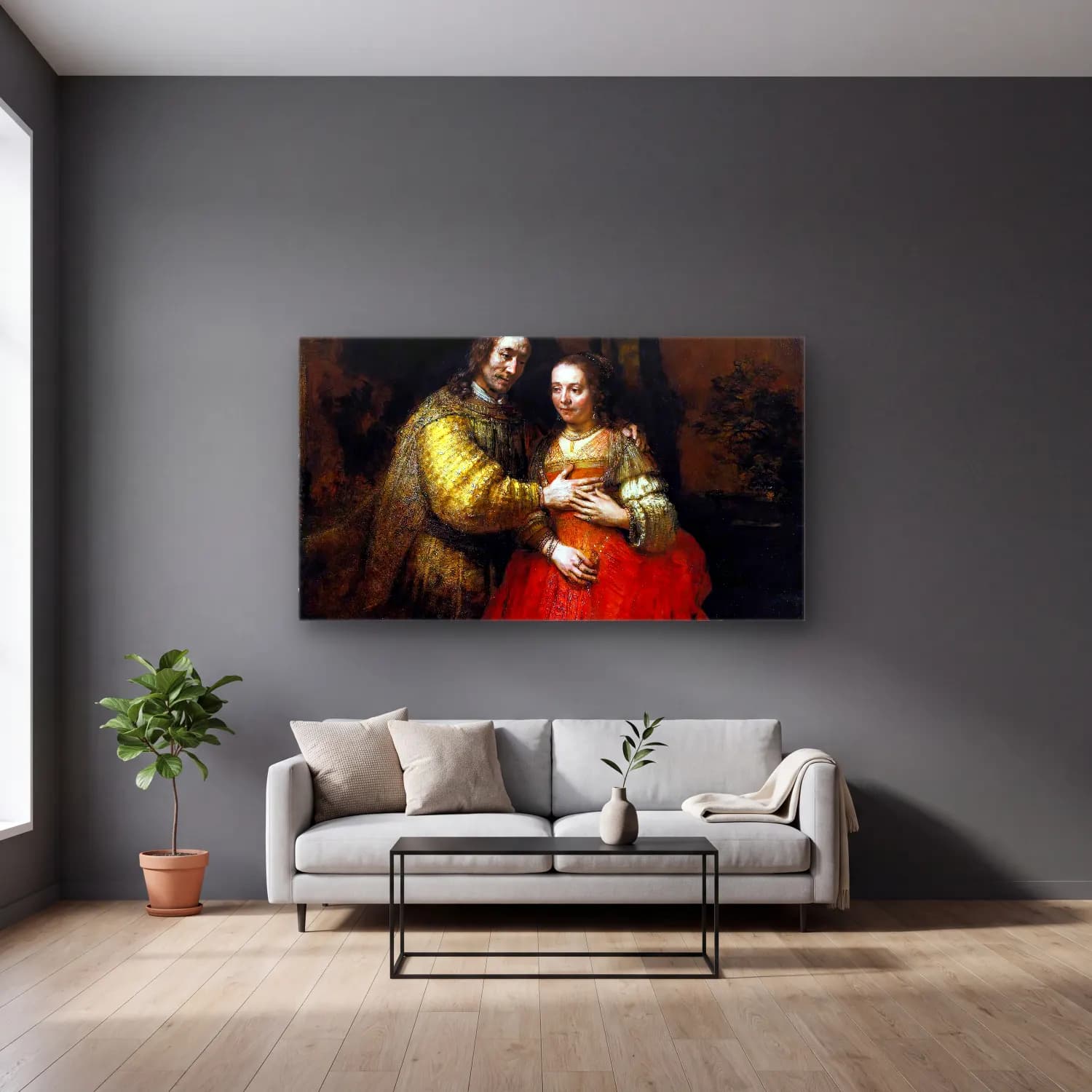 Rembrandt Harmenszoon van Rijn – The Jewish Bride cam tablo — gri duvarlı salonda