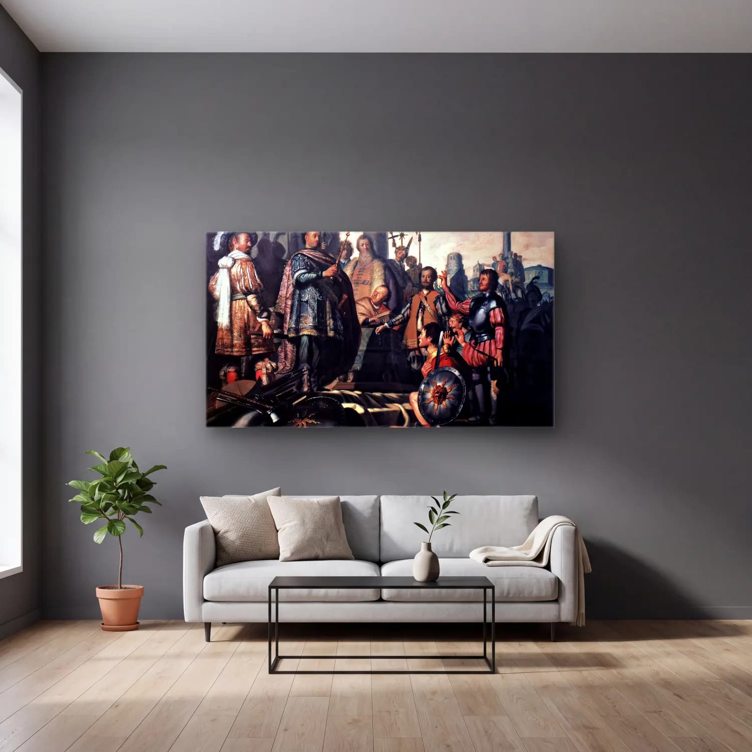 Rembrandt Harmenszoon van Rijn – The Leiden History Painting cam tablo — gri duvarlı salonda