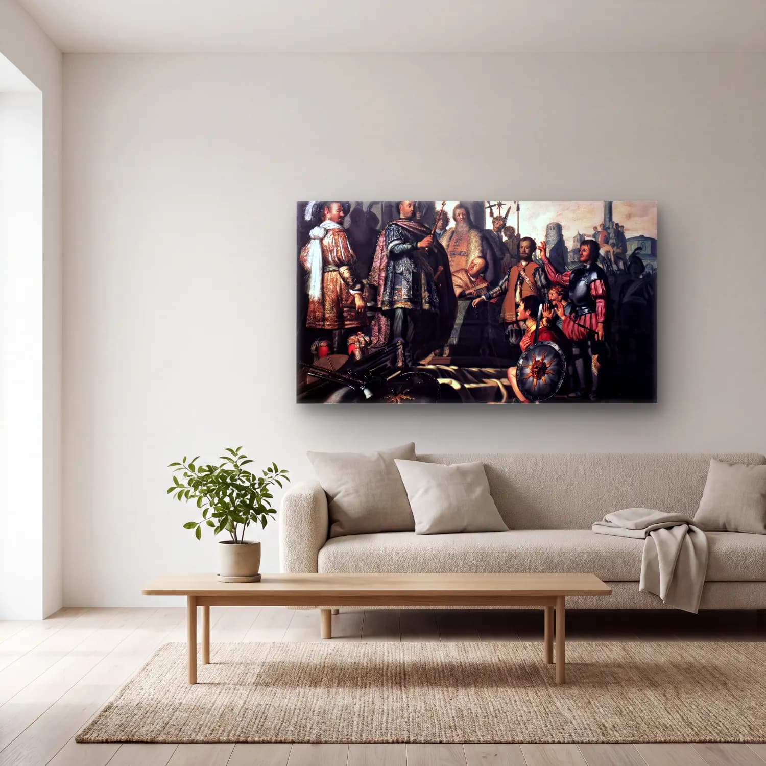 Rembrandt Harmenszoon van Rijn – The Leiden History Painting cam tablo — açık renk salonda
