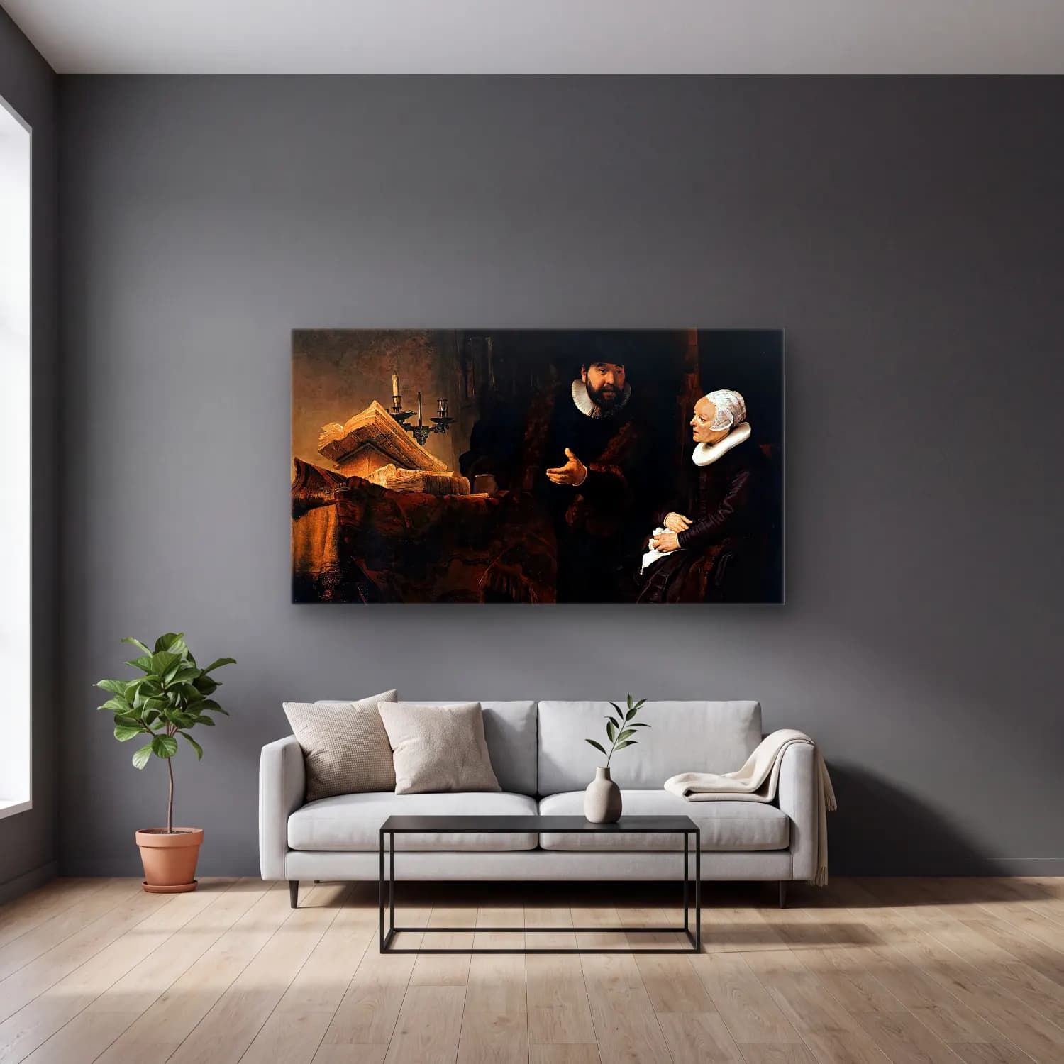 Rembrandt Harmenszoon van Rijn – The Mennonite Minister Cornelis Claesz. Anslo in… cam tablo — gri duvarlı salonda