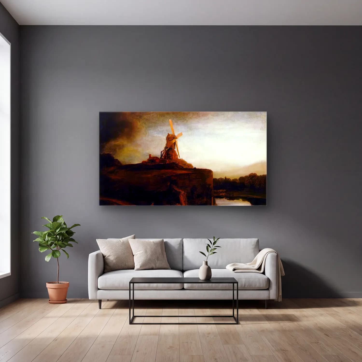Rembrandt Harmenszoon van Rijn – The Mill cam tablo — gri duvarlı salonda