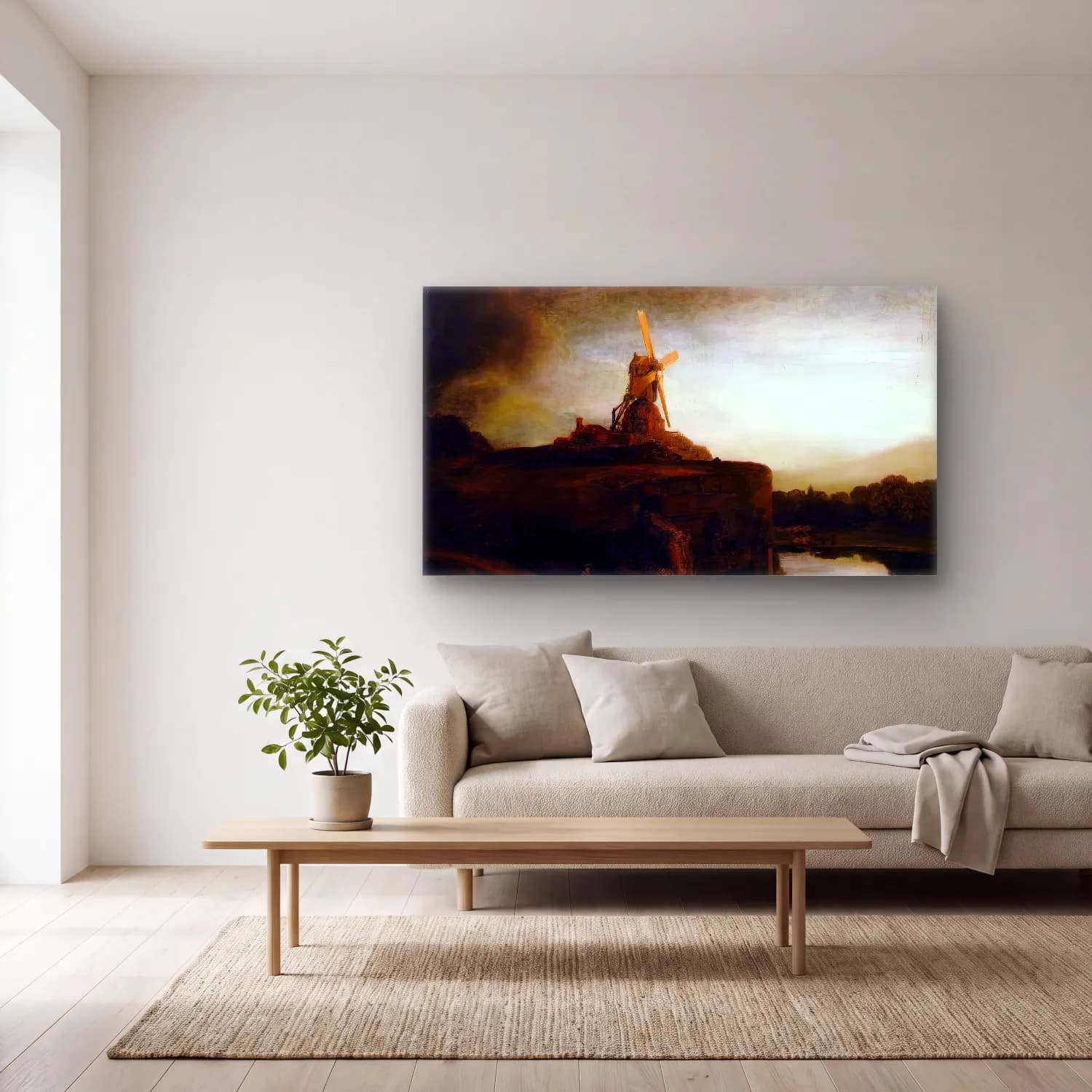 Rembrandt Harmenszoon van Rijn – The Mill cam tablo — açık renk salonda