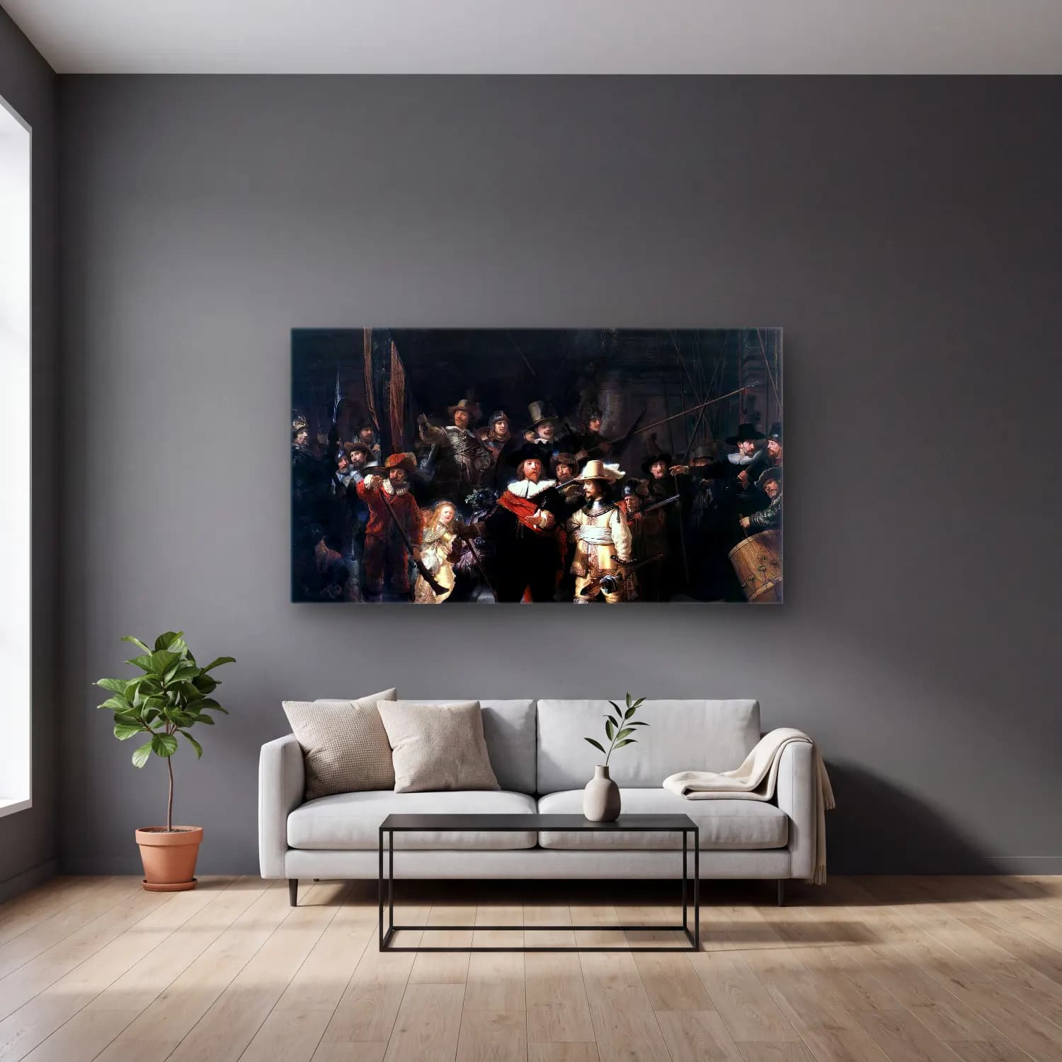 Rembrandt Harmenszoon van Rijn – The Nightwatch cam tablo — gri duvarlı salonda