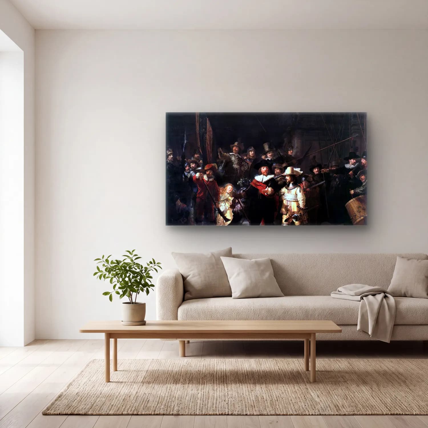 Rembrandt Harmenszoon van Rijn – The Nightwatch cam tablo — açık renk salonda