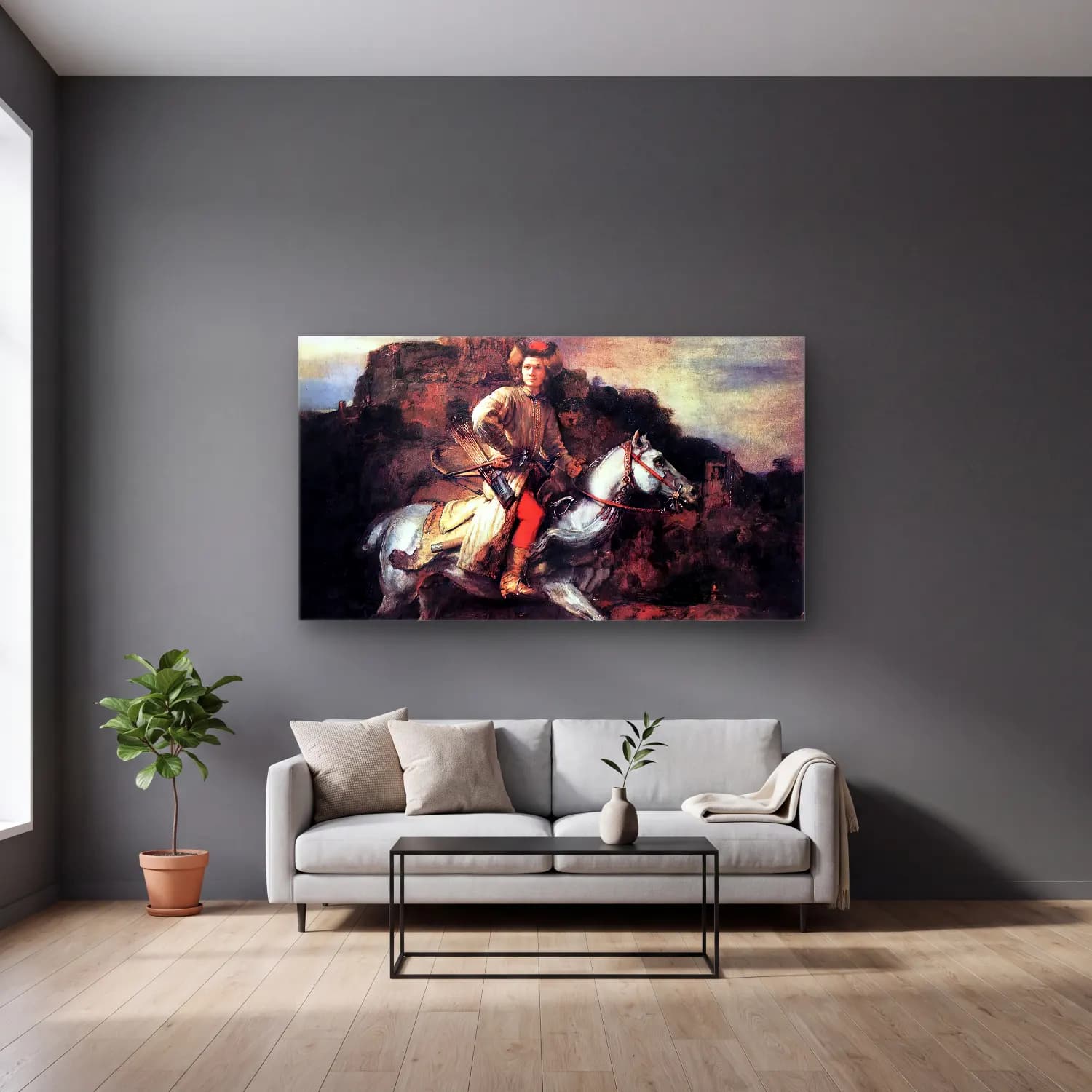 Rembrandt Harmenszoon van Rijn – The Polish Rider cam tablo — gri duvarlı salonda