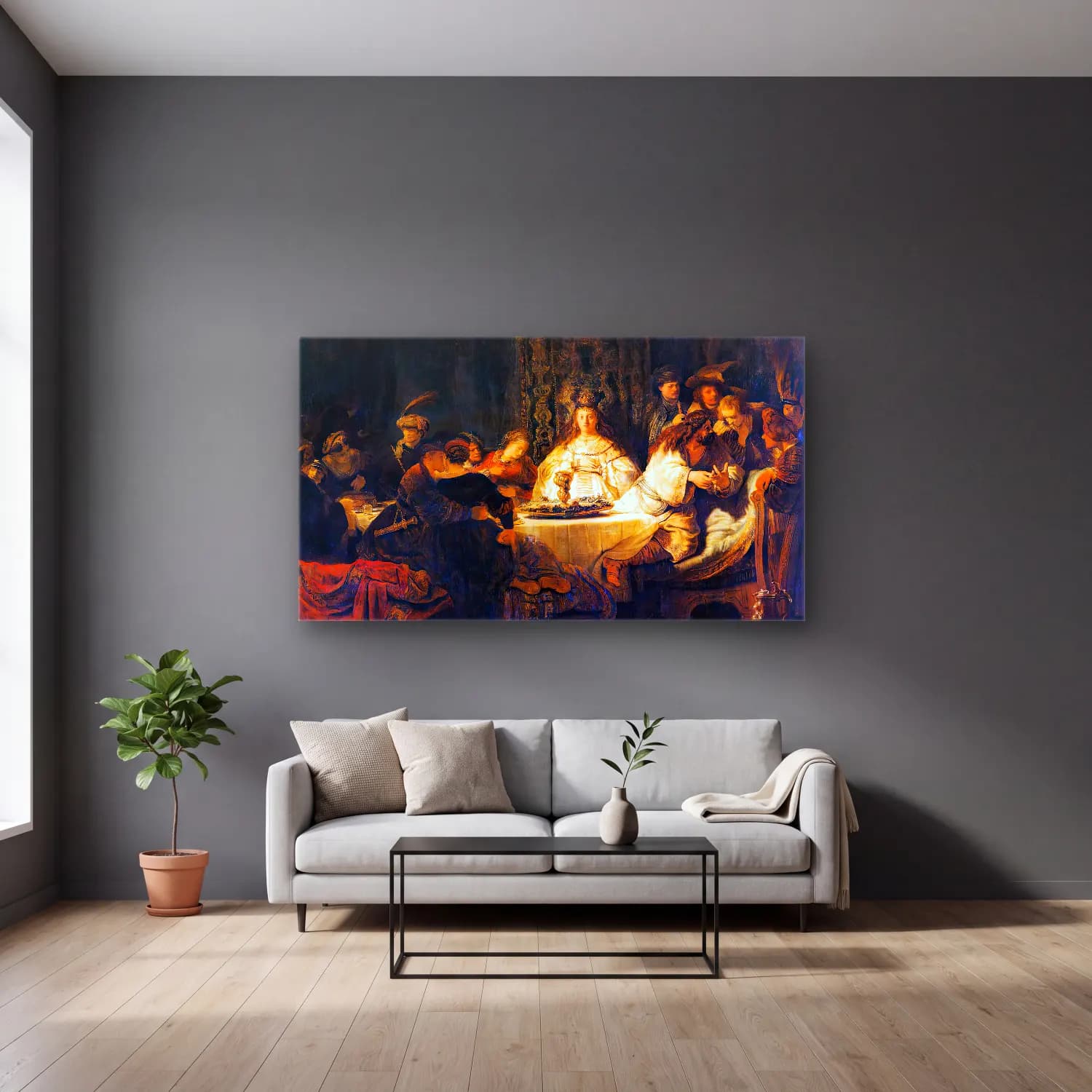 Rembrandt Harmenszoon van Rijn – The Wedding of Samson cam tablo — gri duvarlı salonda
