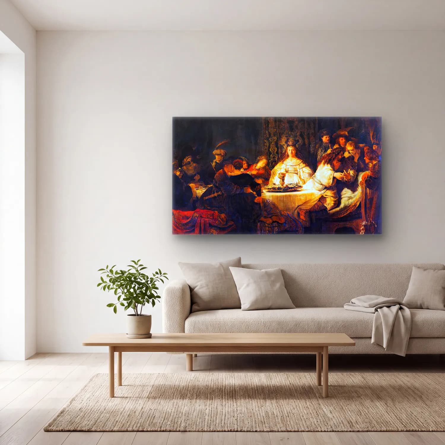 Rembrandt Harmenszoon van Rijn – The Wedding of Samson cam tablo — açık renk salonda