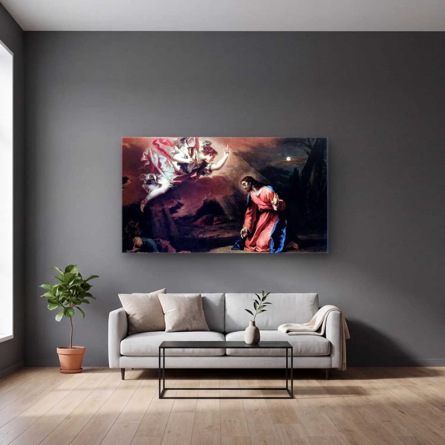 Sebastiano Ricci – Prayer in the Garden cam tablo — gri duvarlı salonda