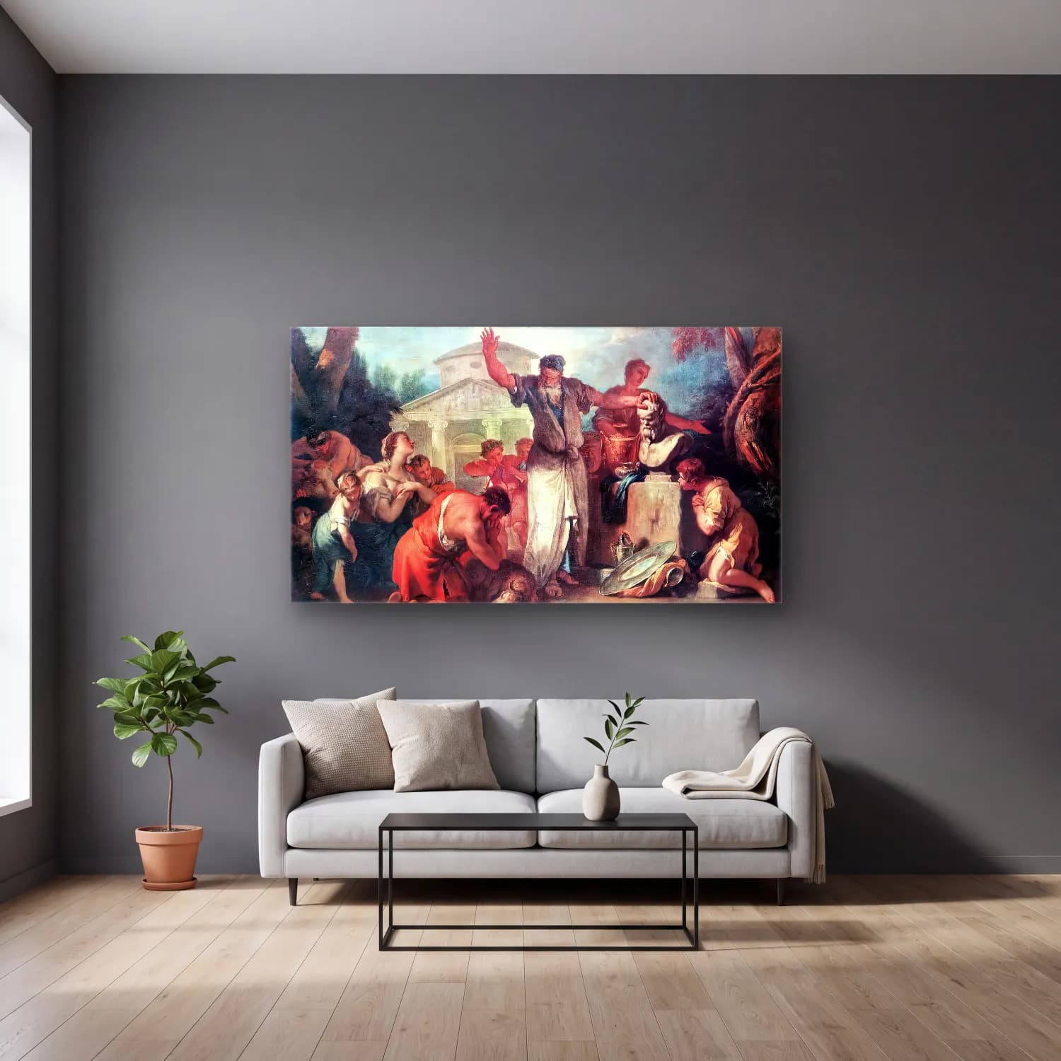 Sebastiano Ricci – Sacrifice to Silenus cam tablo — gri duvarlı salonda