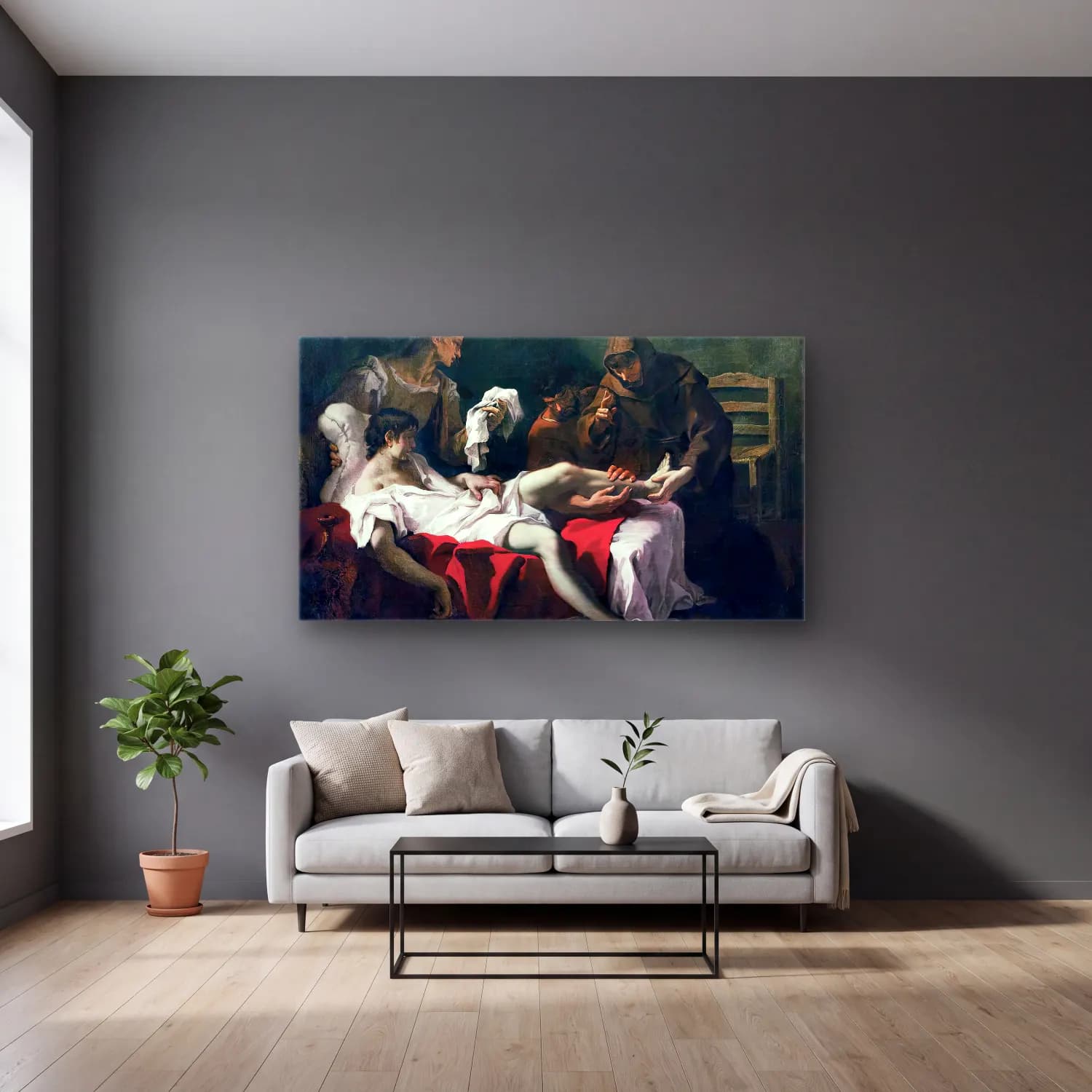 Sebastiano Ricci – St Anthony of Padua Healing a Youth cam tablo — gri duvarlı salonda