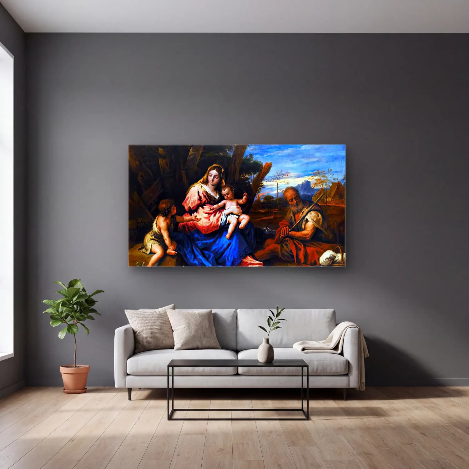Sebastiano Ricci – The Holy Family with the Infant St John the Baptist in a… cam tablo — gri duvarlı salonda