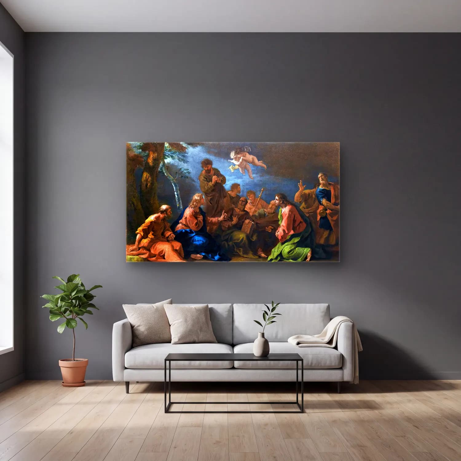 Sebastiano Ricci – The Sermon on the Mount cam tablo — gri duvarlı salonda