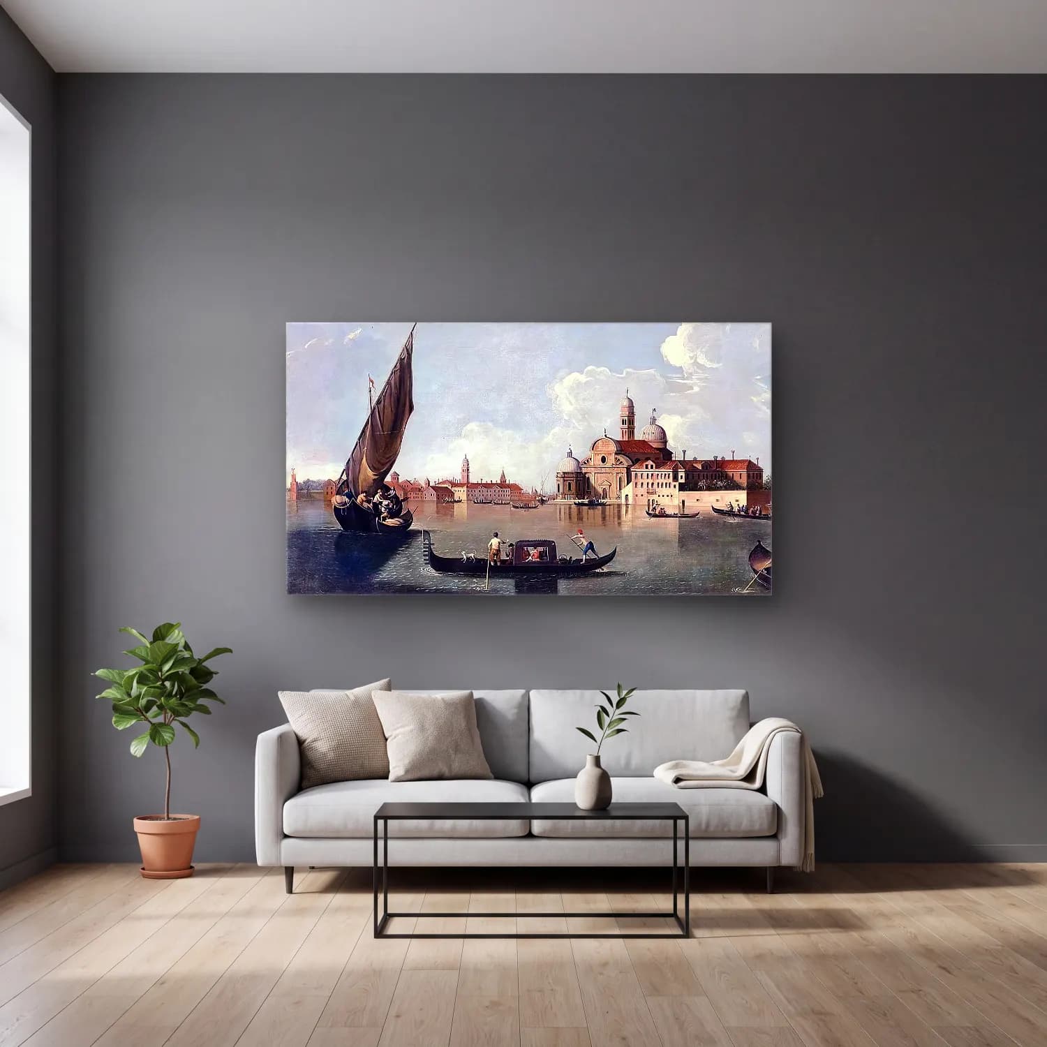 Johan Richter – View of San Michele, Venice cam tablo — gri duvarlı salonda