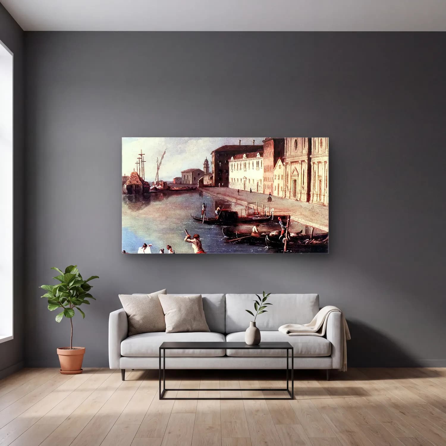 Johan Richter – View of the Giudecca Canal (detail) cam tablo — gri duvarlı salonda