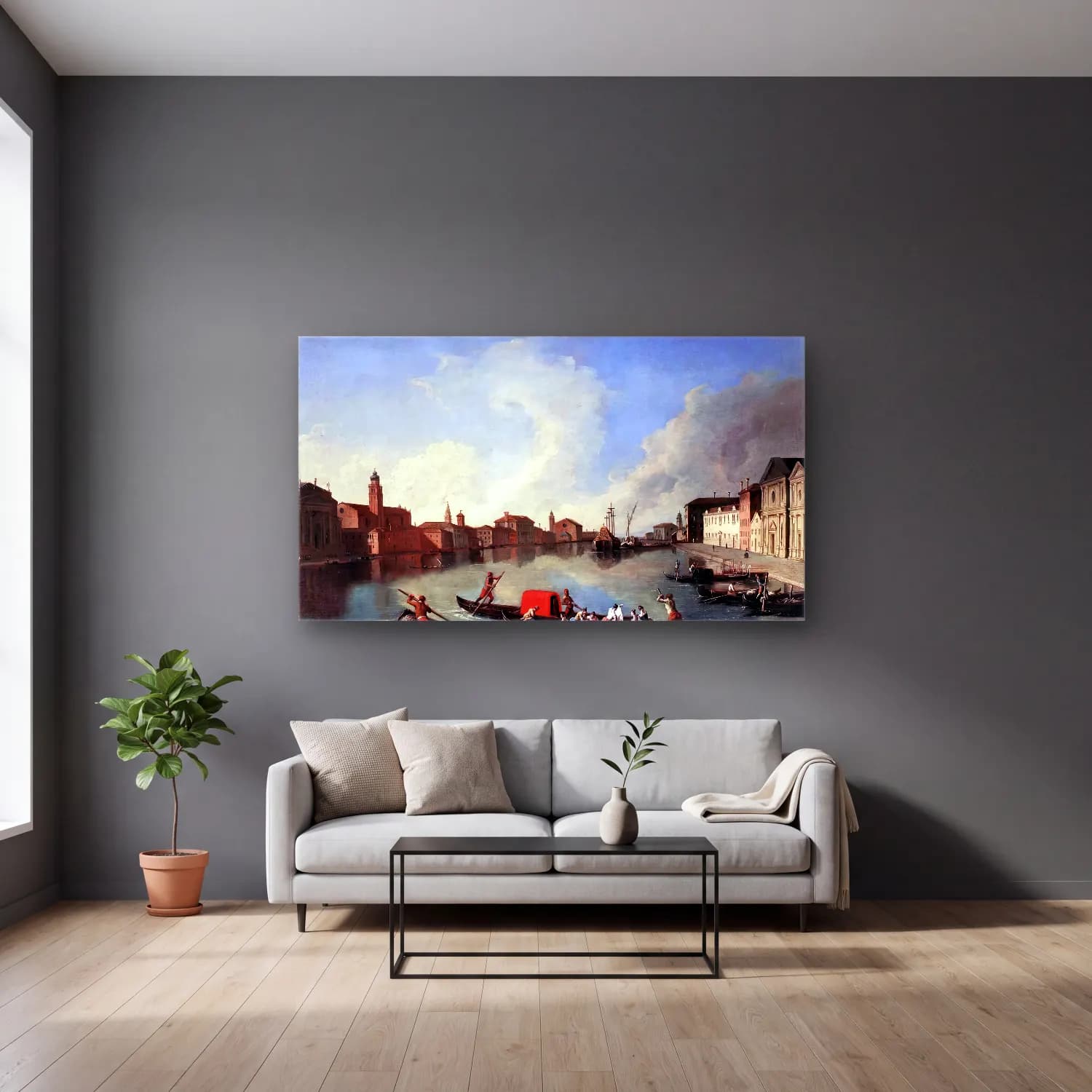 Johan Richter – View of the Giudecca Canal cam tablo — gri duvarlı salonda