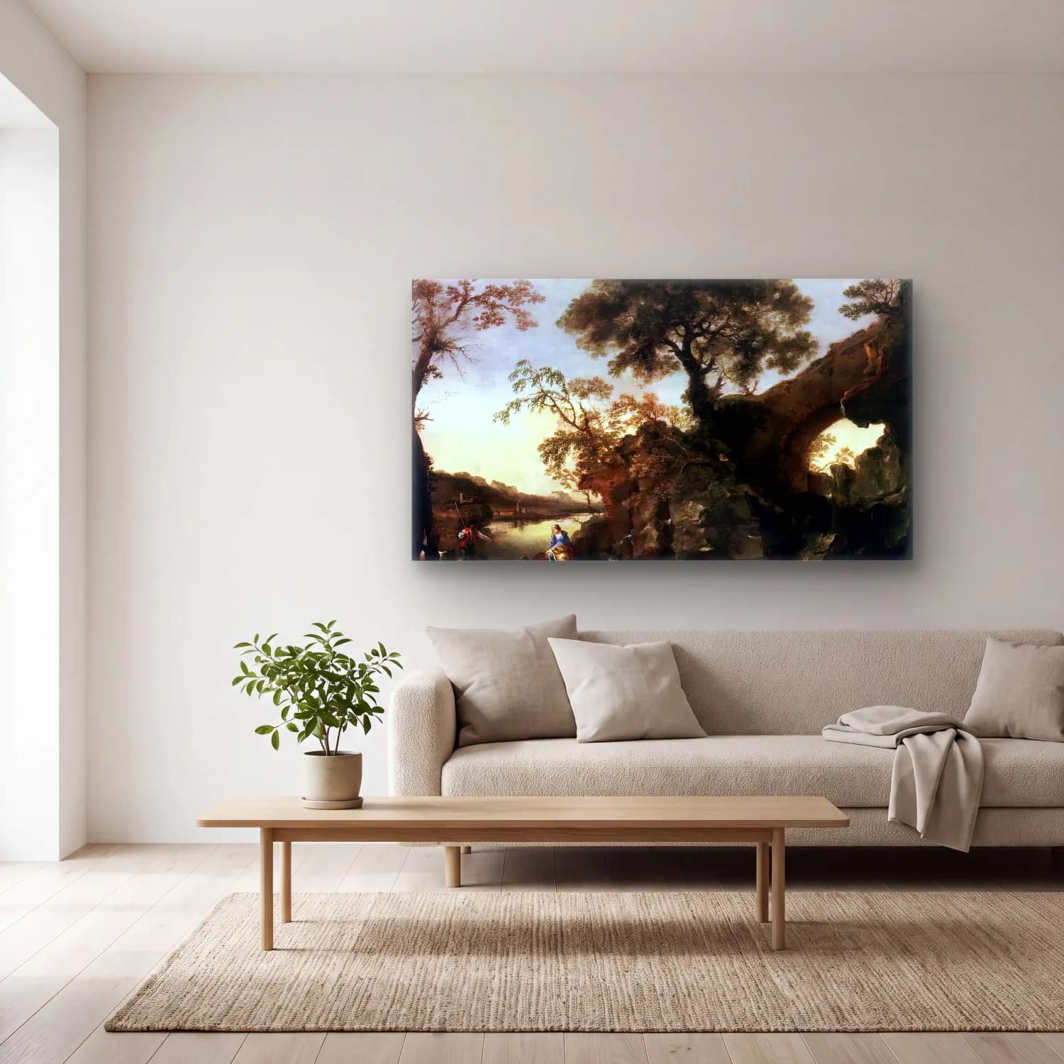 Salvator Rosa – Rocky Landscape with Waterfall cam tablo — açık renk salonda