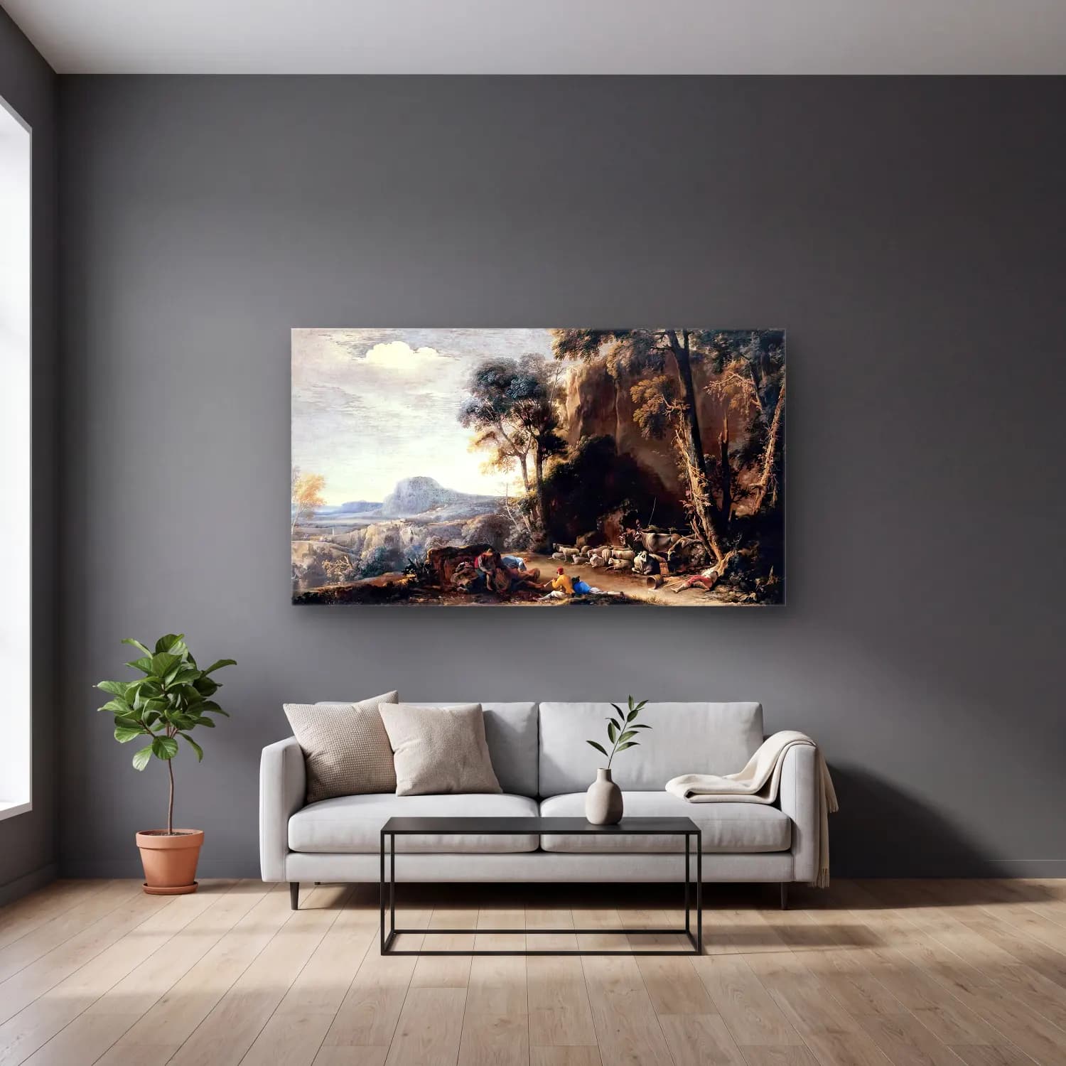 Salvator Rosa – Wooded Landscape cam tablo — gri duvarlı salonda