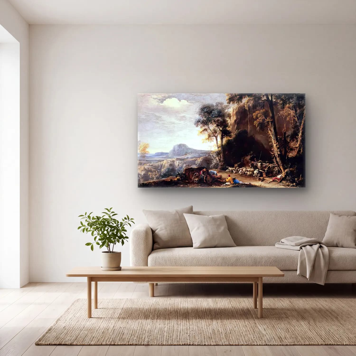 Salvator Rosa – Wooded Landscape cam tablo — açık renk salonda