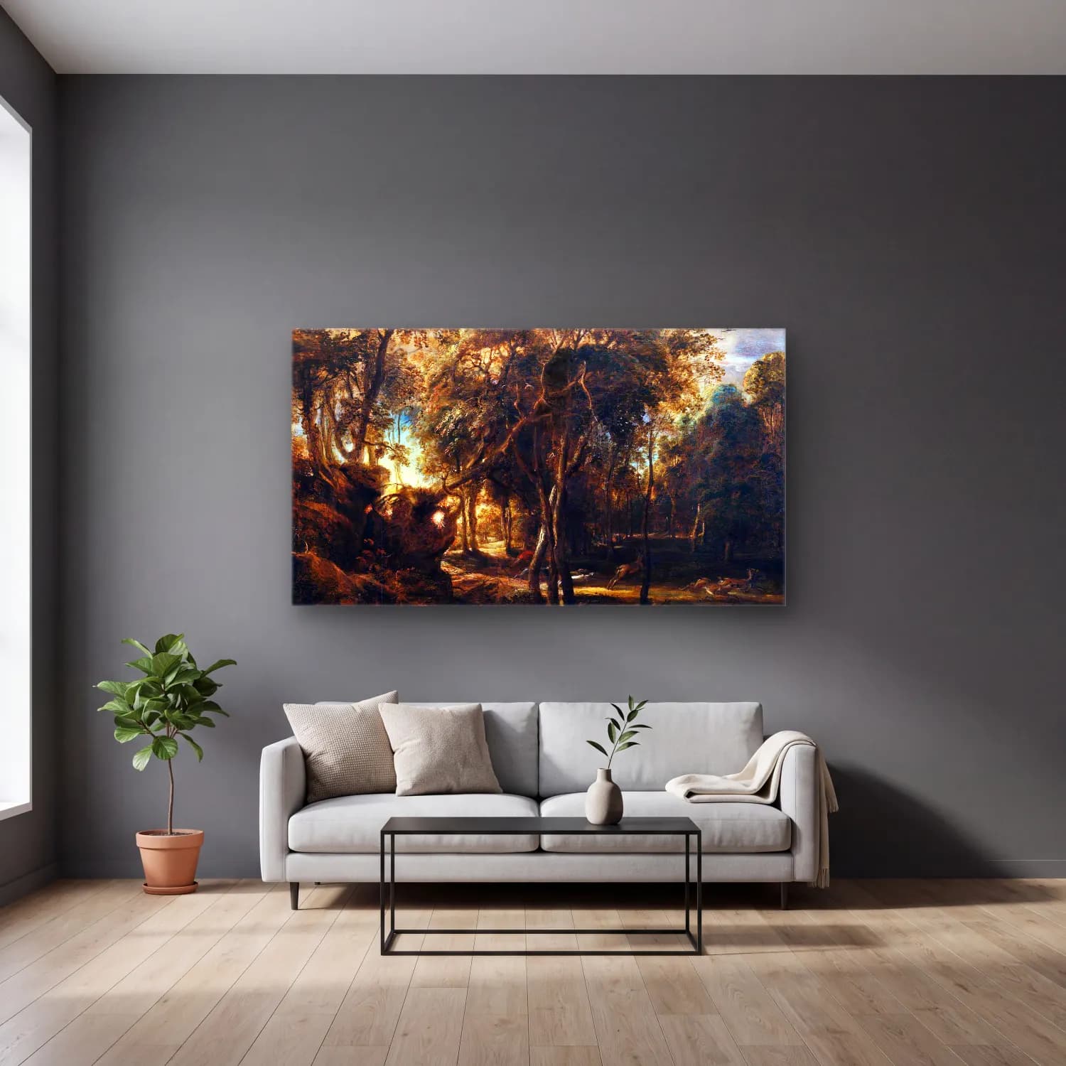 Peter Paul Rubens – A Forest at Dawn with a Deer Hunt cam tablo — gri duvarlı salonda