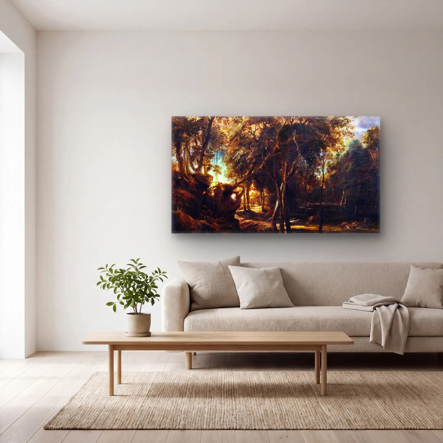 Peter Paul Rubens – A Forest at Dawn with a Deer Hunt cam tablo — açık renk salonda