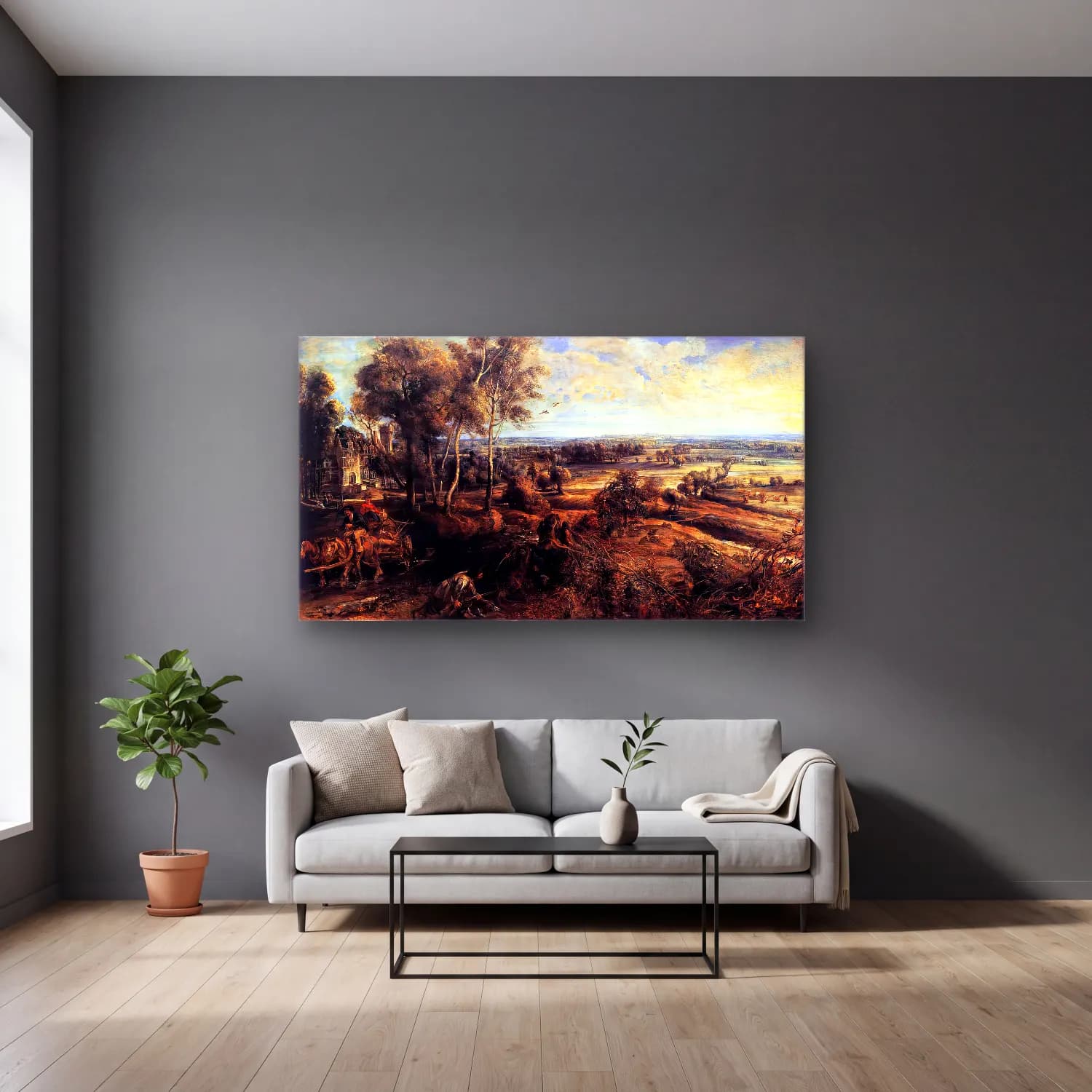 Peter Paul Rubens – An Autumn Landscape with a View of Het Steen cam tablo — gri duvarlı salonda