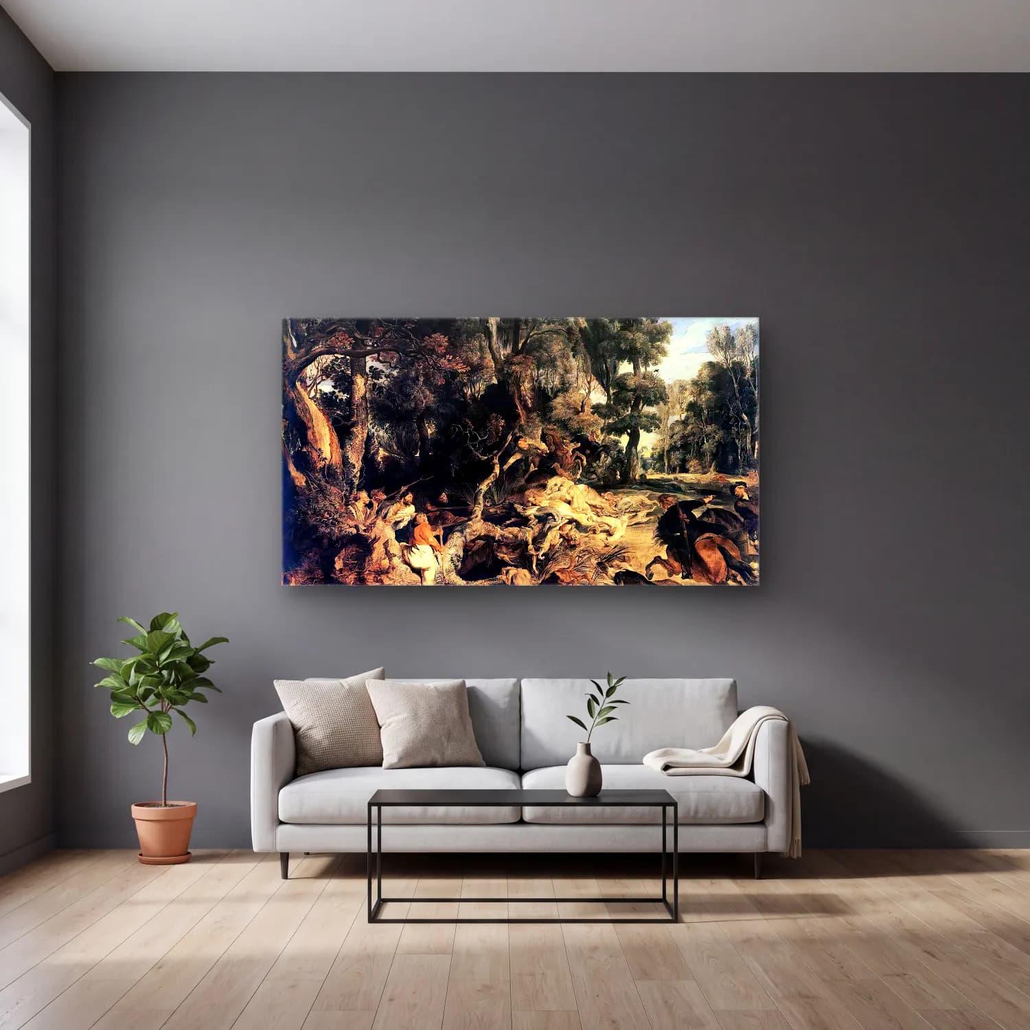 Peter Paul Rubens – Boar Hunt cam tablo — gri duvarlı salonda