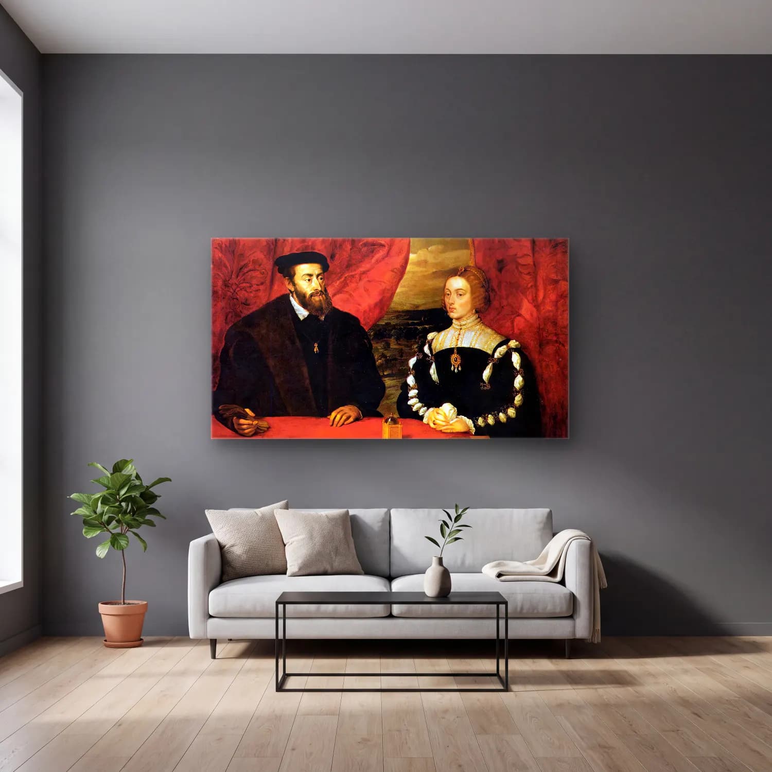 Peter Paul Rubens – Charles V and the Empress Isabella cam tablo — gri duvarlı salonda