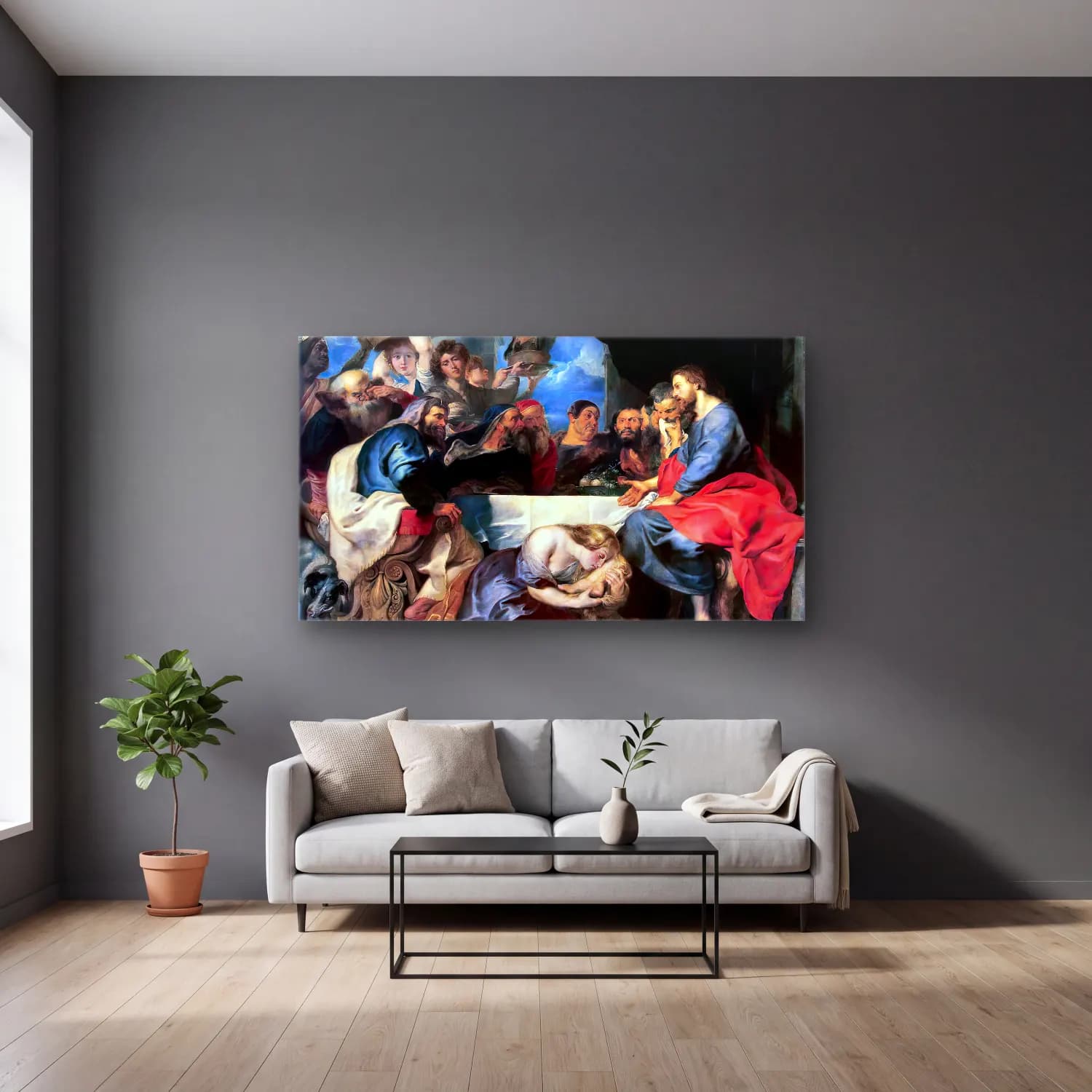 Peter Paul Rubens – Christ at Simon the Pharisee cam tablo — gri duvarlı salonda