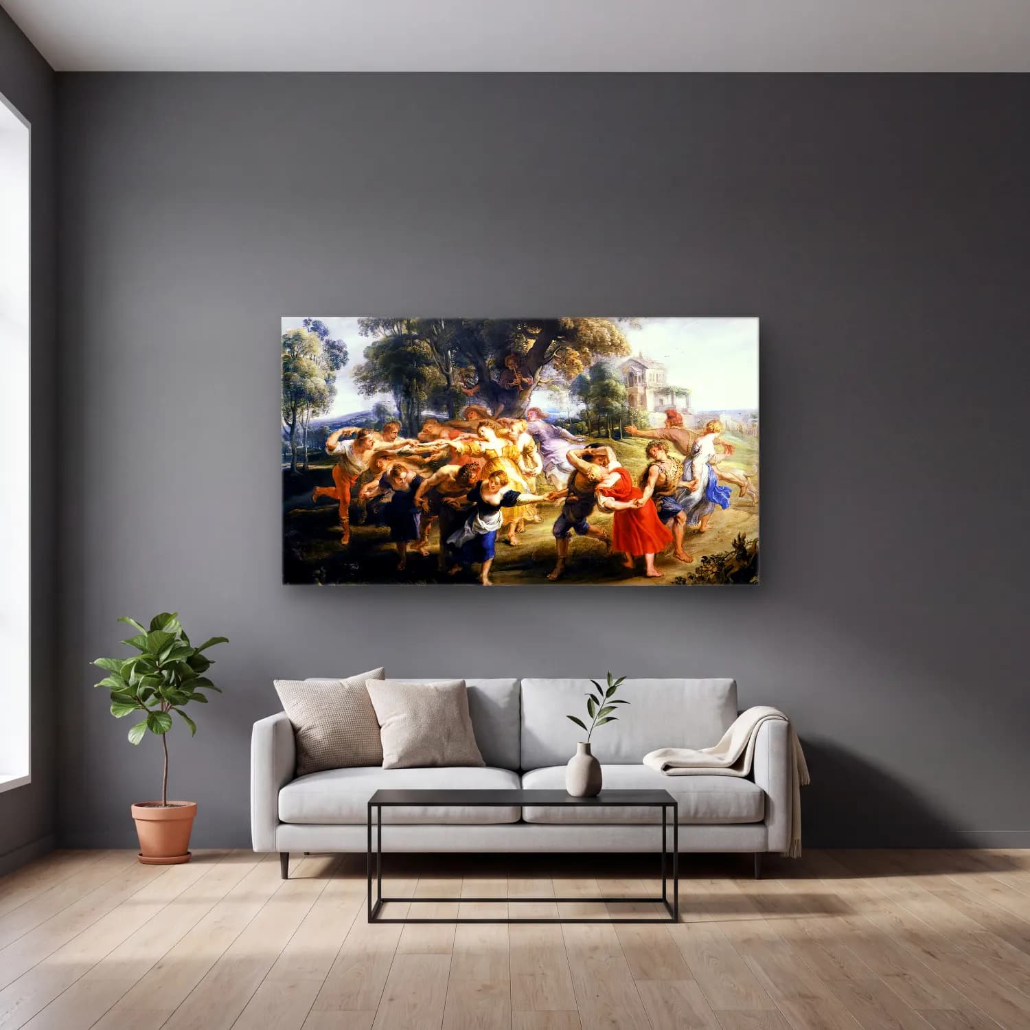 Peter Paul Rubens – Dance of Italian Villagers cam tablo — gri duvarlı salonda