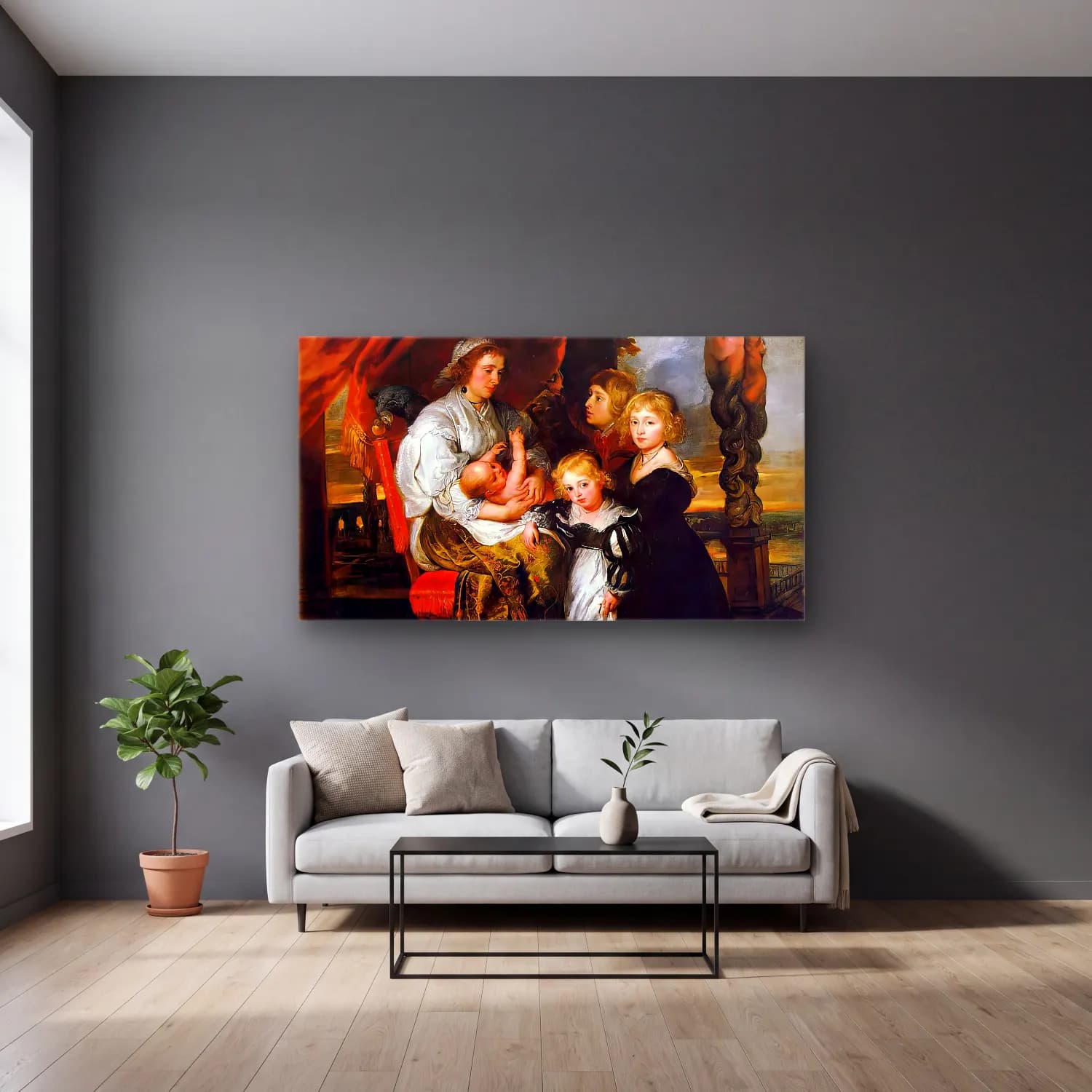 Peter Paul Rubens – Deborah Kip and her Children cam tablo — gri duvarlı salonda