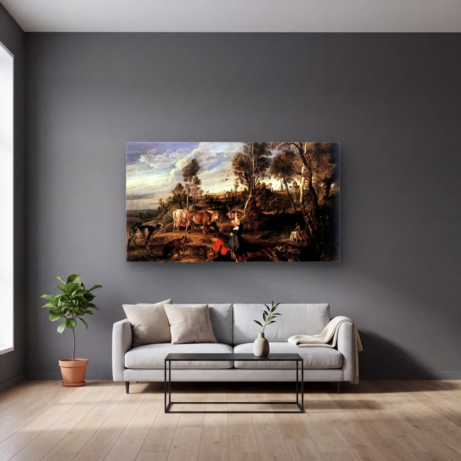Peter Paul Rubens – Farm at Laken cam tablo — gri duvarlı salonda