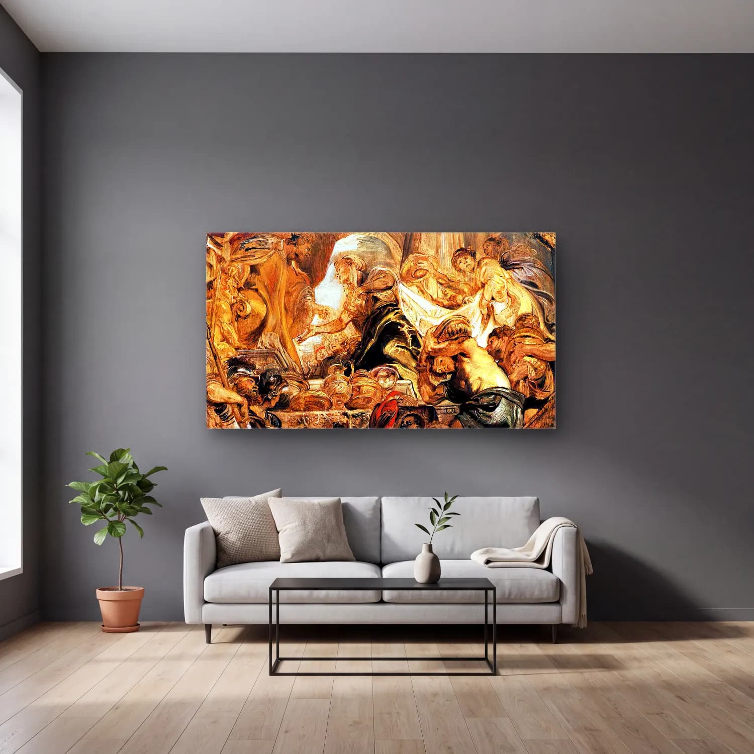 Peter Paul Rubens – King Solomon and the Queen of Sheba cam tablo — gri duvarlı salonda