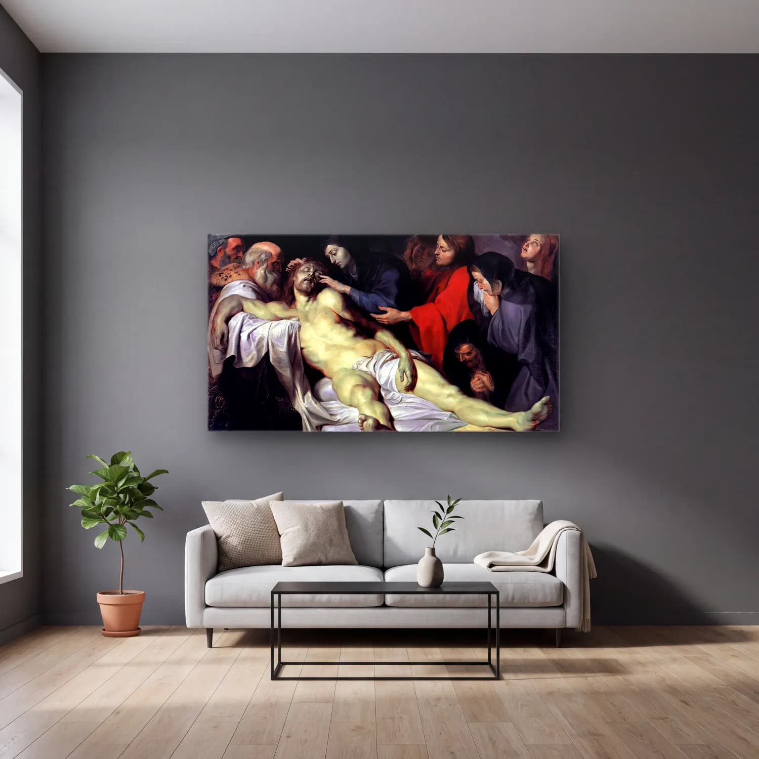 Peter Paul Rubens – Lamentation over the Dead Christ cam tablo — gri duvarlı salonda