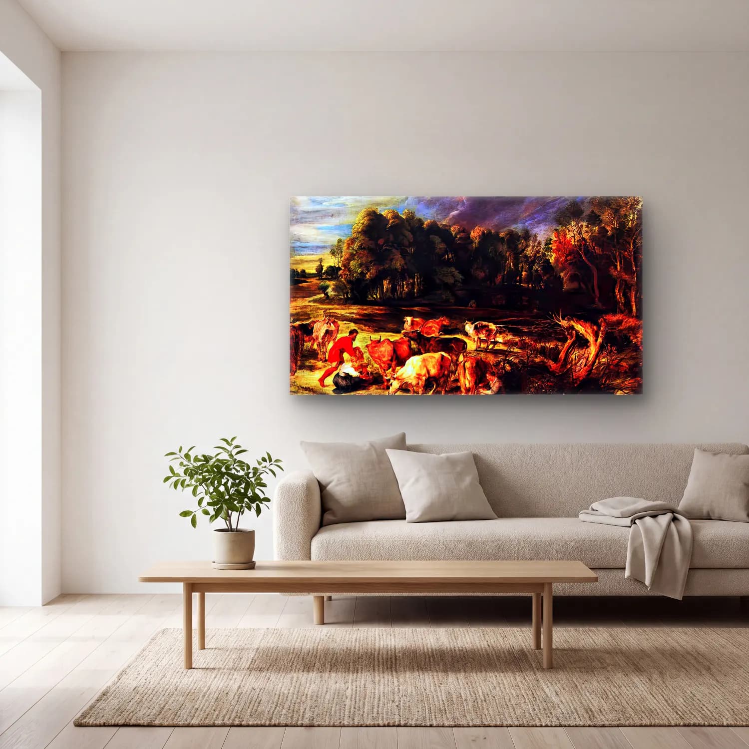 Peter Paul Rubens – Landscape with Cows cam tablo — açık renk salonda