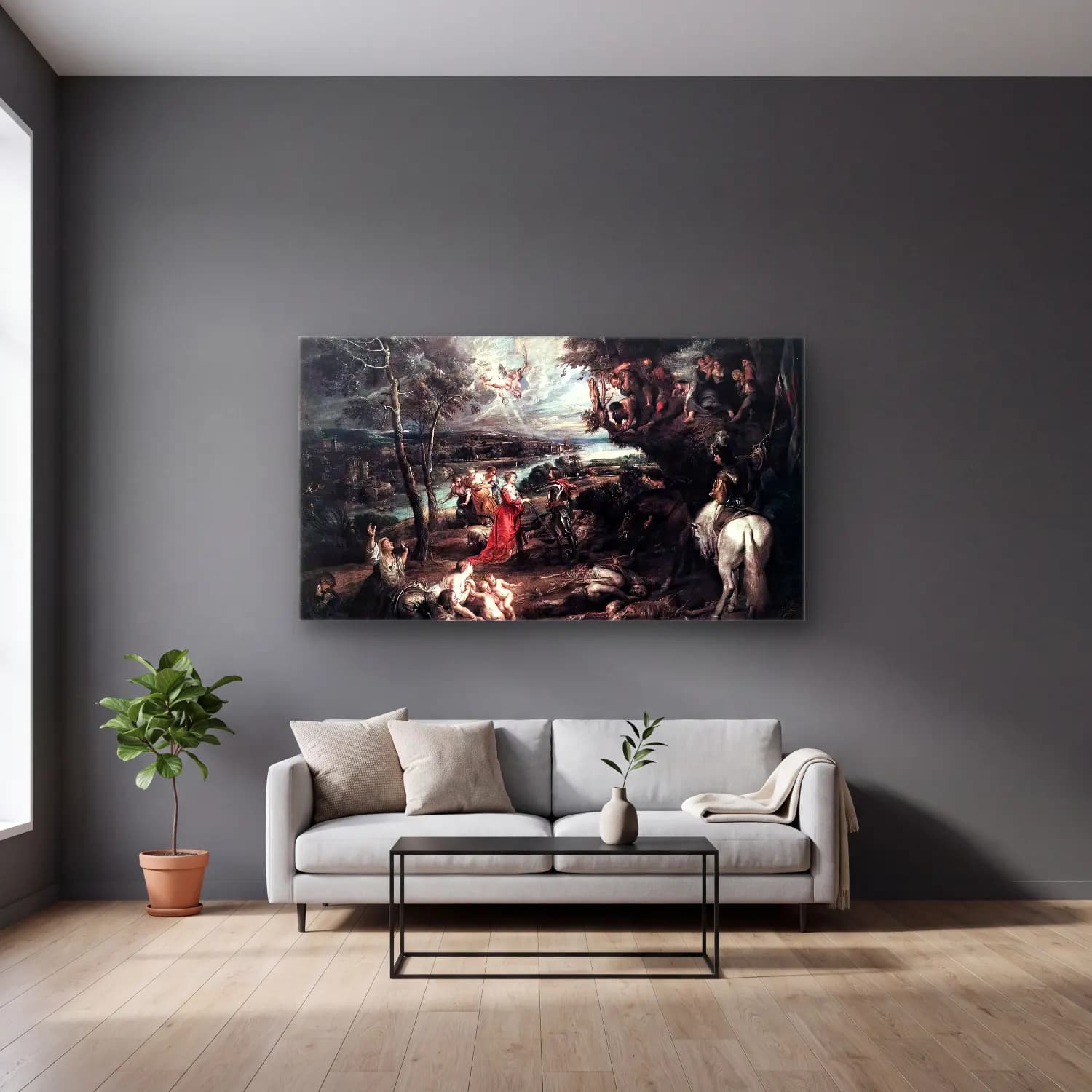 Peter Paul Rubens – Landscape with Saint George and the Dragon cam tablo — gri duvarlı salonda