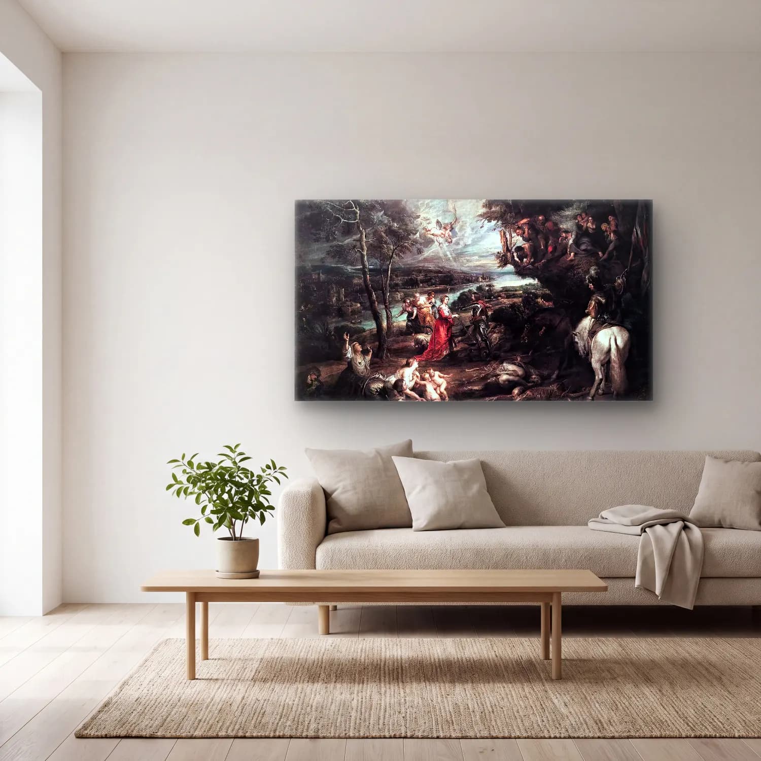Peter Paul Rubens – Landscape with Saint George and the Dragon cam tablo — açık renk salonda