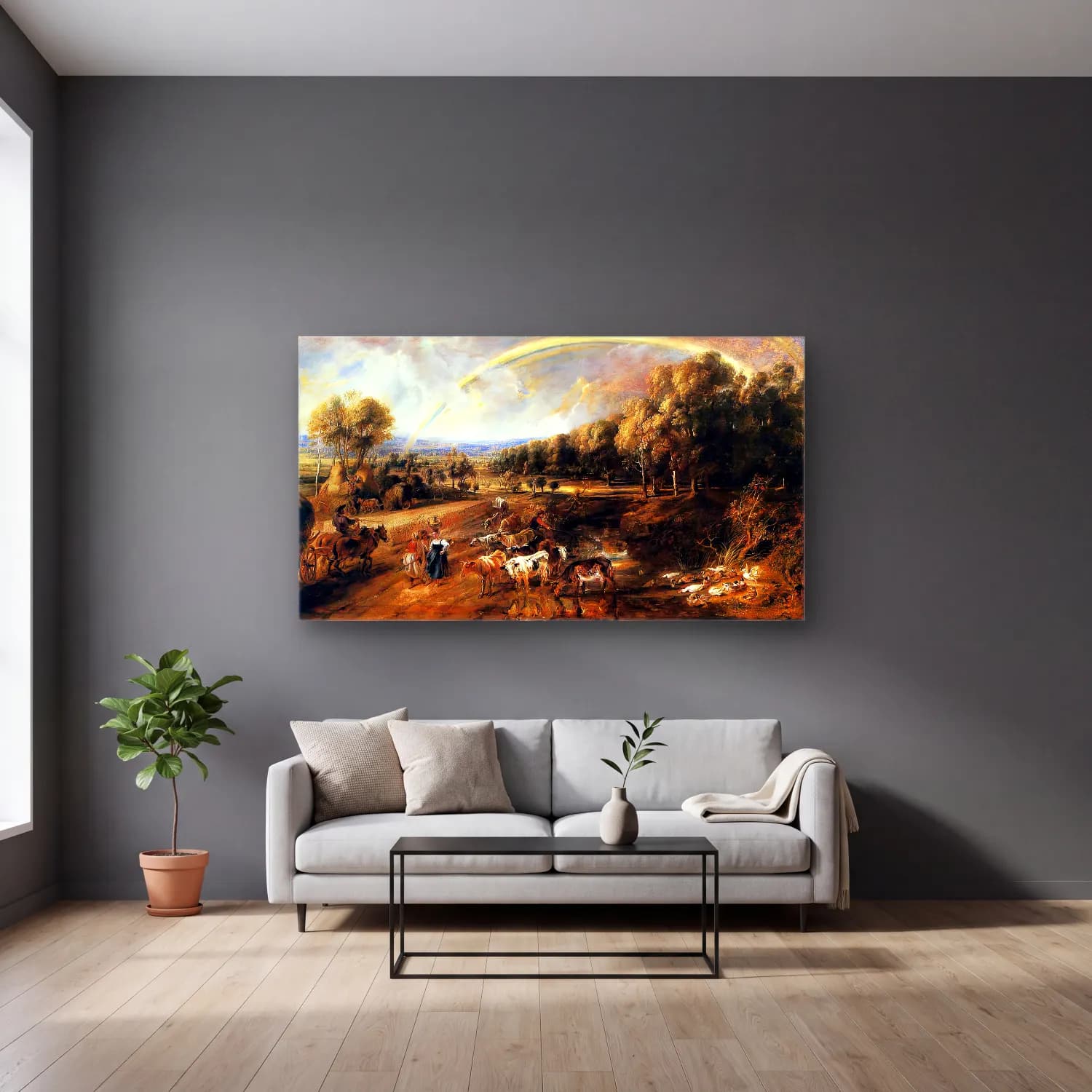 Peter Paul Rubens – Landscape with a Rainbow cam tablo — gri duvarlı salonda
