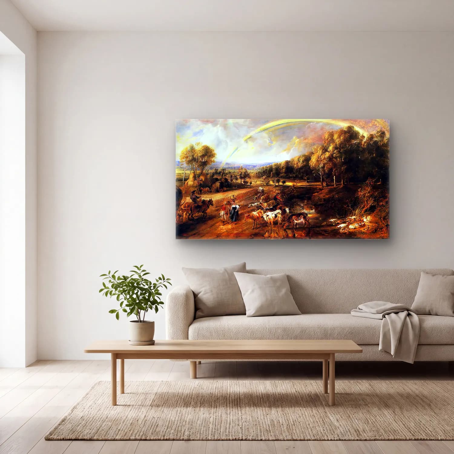 Peter Paul Rubens – Landscape with a Rainbow cam tablo — açık renk salonda