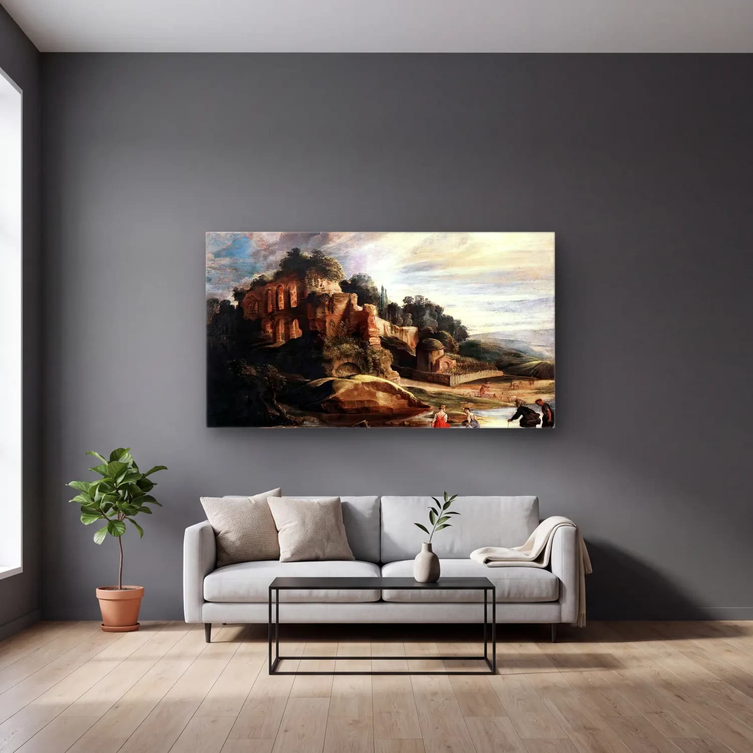 Peter Paul Rubens – Landscape with the Ruins of Mount Palatine in Rome cam tablo — gri duvarlı salonda