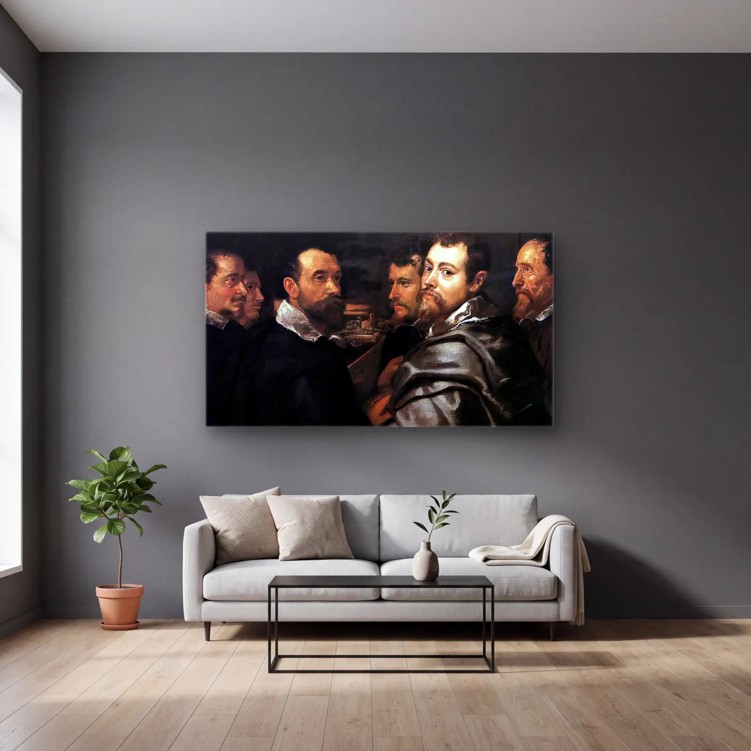 Peter Paul Rubens – Self-Portrait in a Circle of Friends from Mantua cam tablo — gri duvarlı salonda