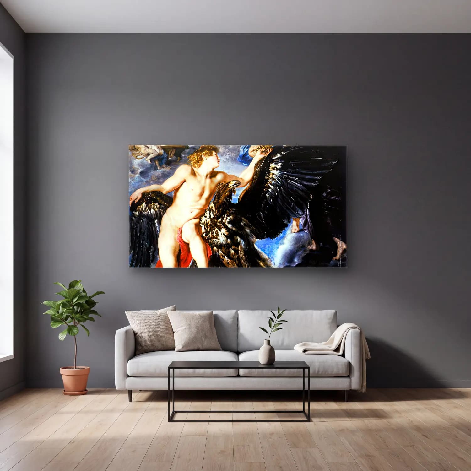 Peter Paul Rubens – The Abduction of Ganymede cam tablo — gri duvarlı salonda