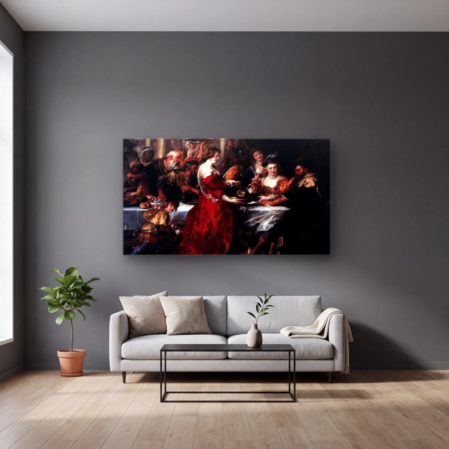 Peter Paul Rubens – The Feast of Herod cam tablo — gri duvarlı salonda