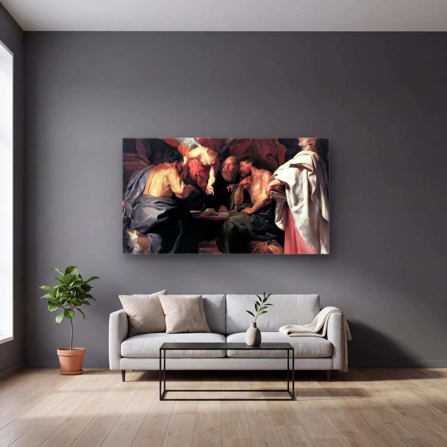 Peter Paul Rubens – The Four Evangelists cam tablo — gri duvarlı salonda