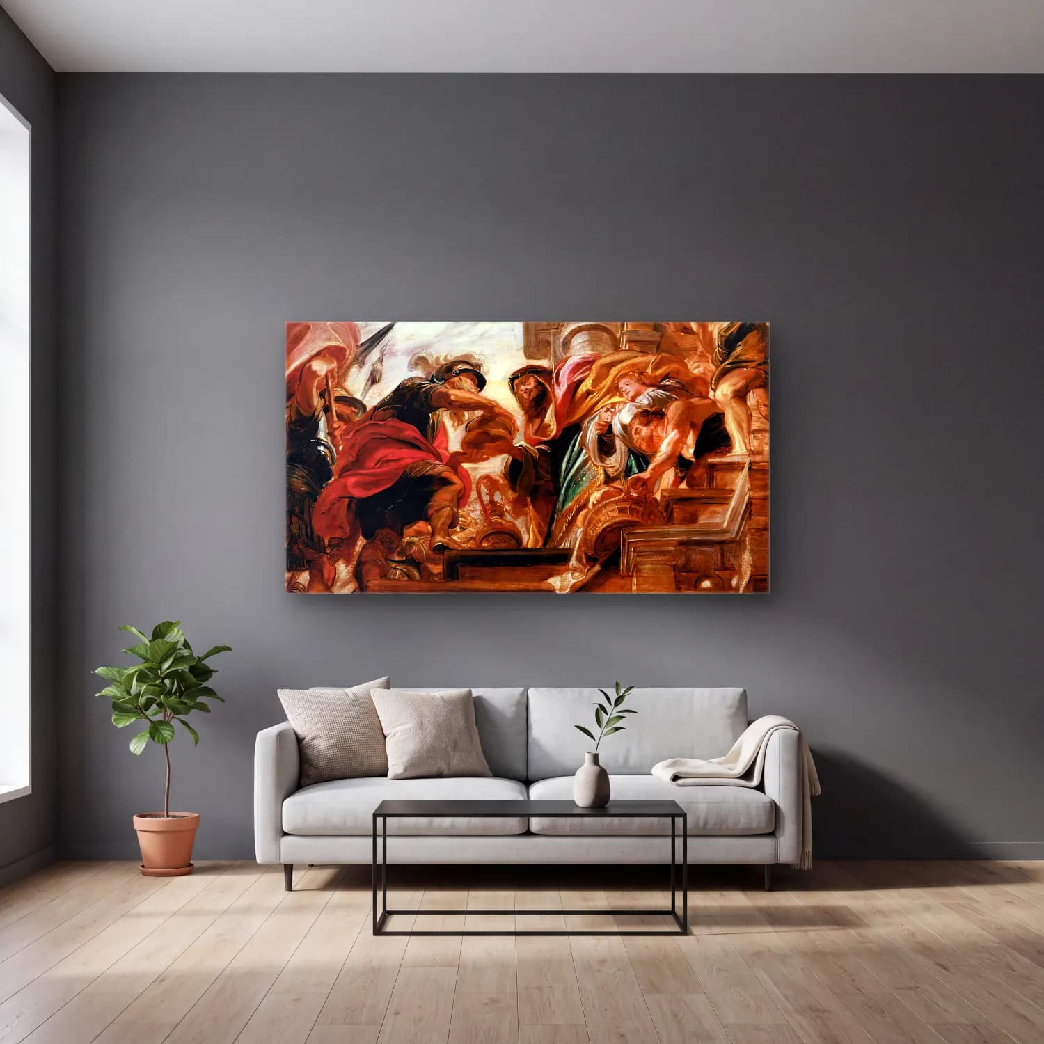 Peter Paul Rubens – The Meeting of Abraham and Melchisedek cam tablo — gri duvarlı salonda