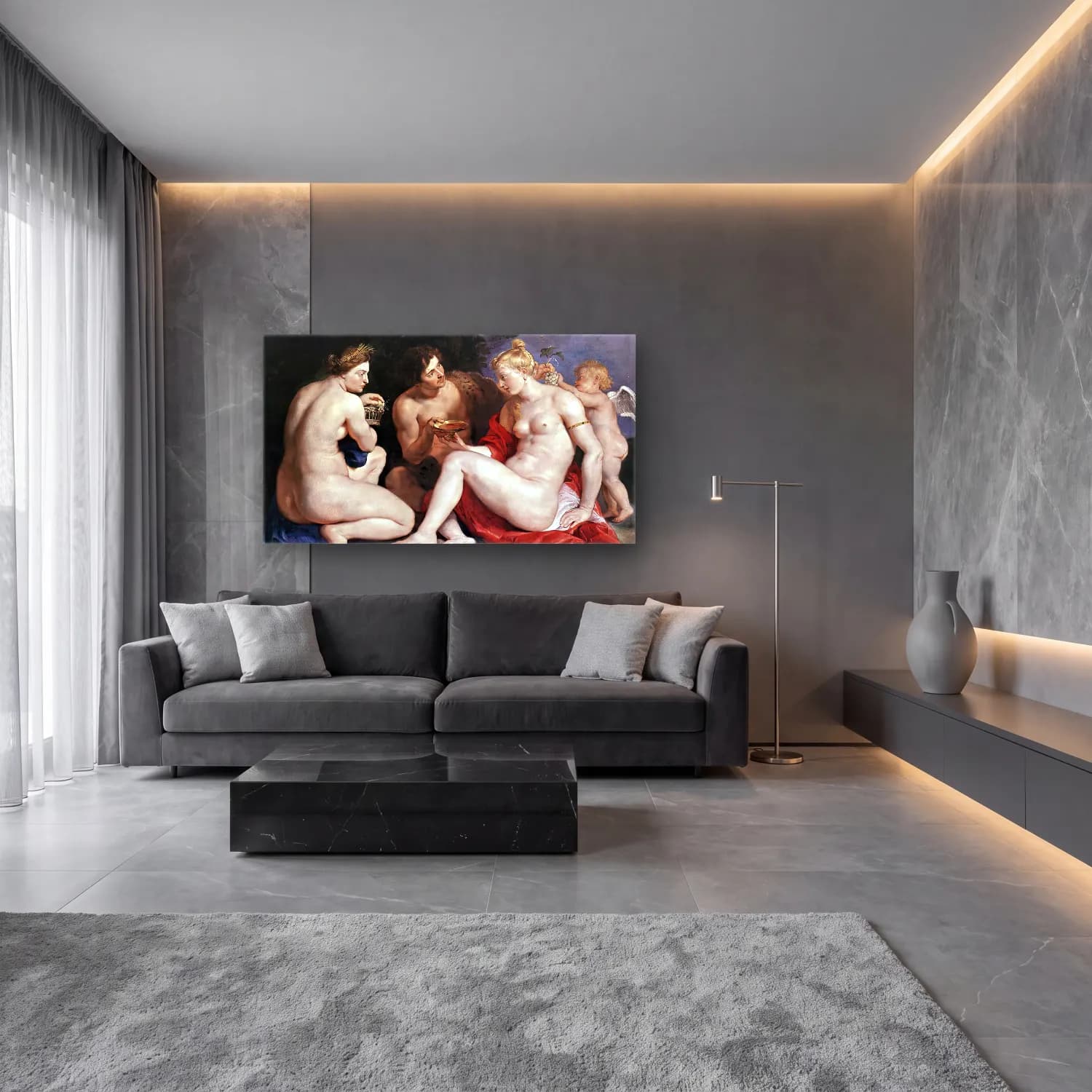 Peter Paul Rubens – Venus, Cupid, Baccchus and Ceres cam tablo — lüks salon duvarında
