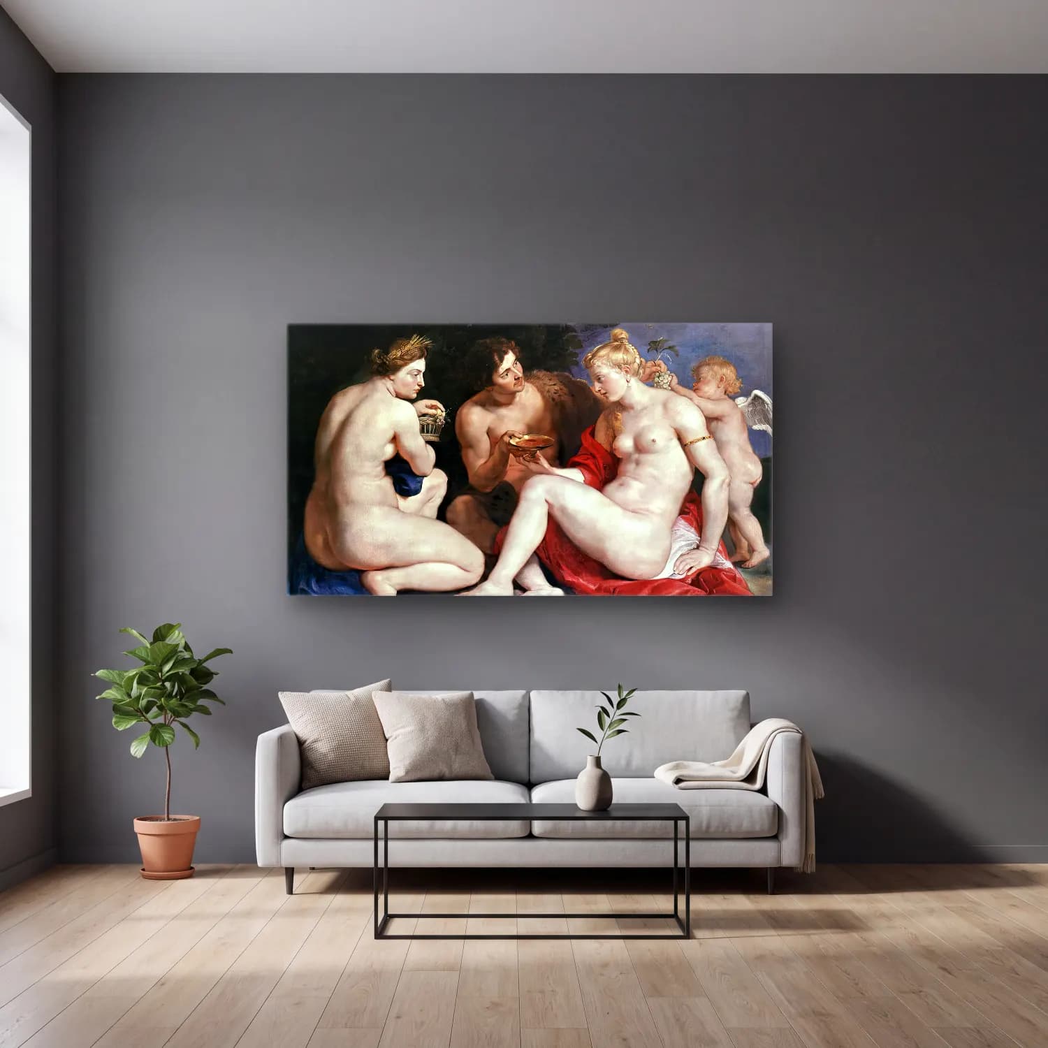 Peter Paul Rubens – Venus, Cupid, Baccchus and Ceres cam tablo — gri duvarlı salonda