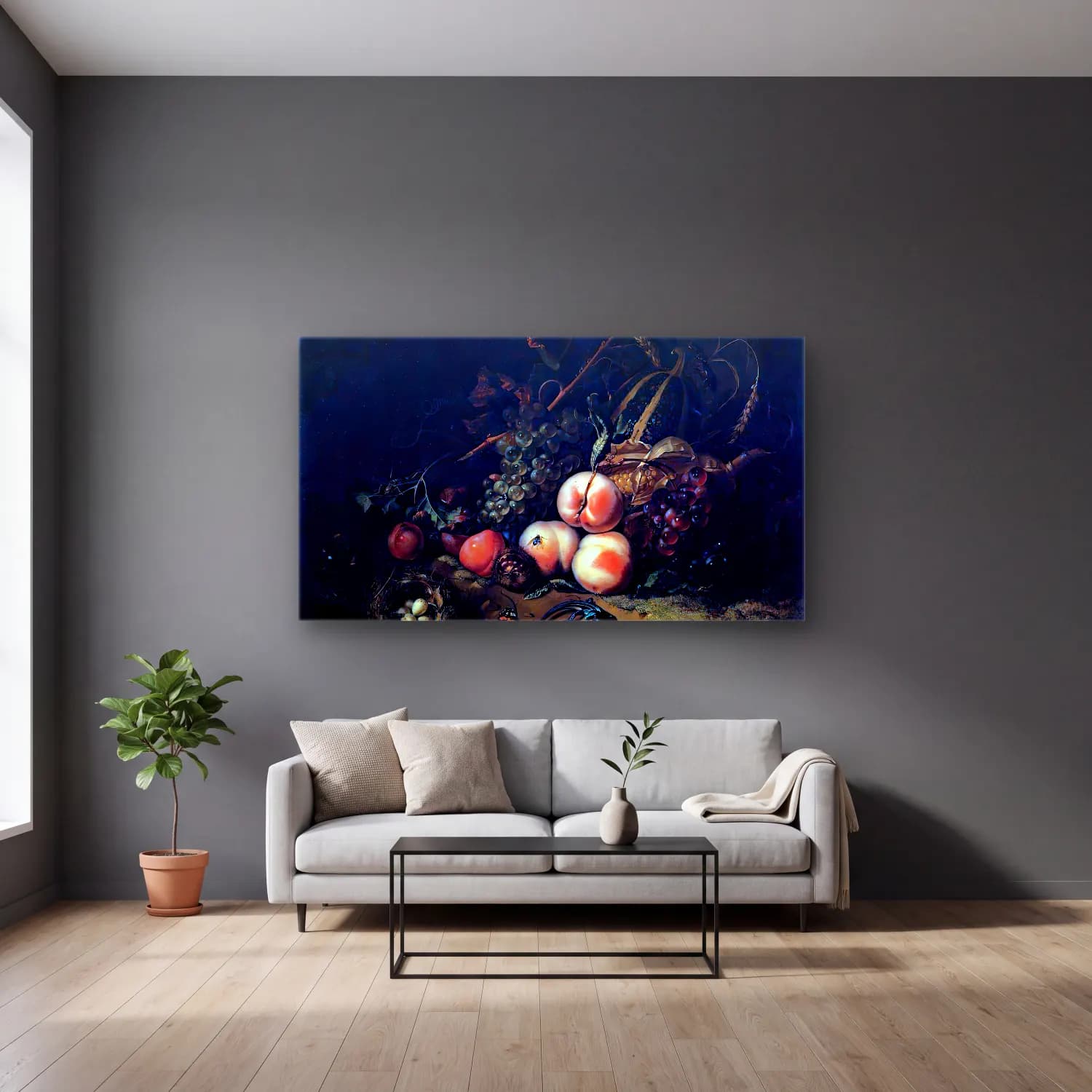 Rachel Ruysch – Still-Life with Fruit and Insects cam tablo — gri duvarlı salonda